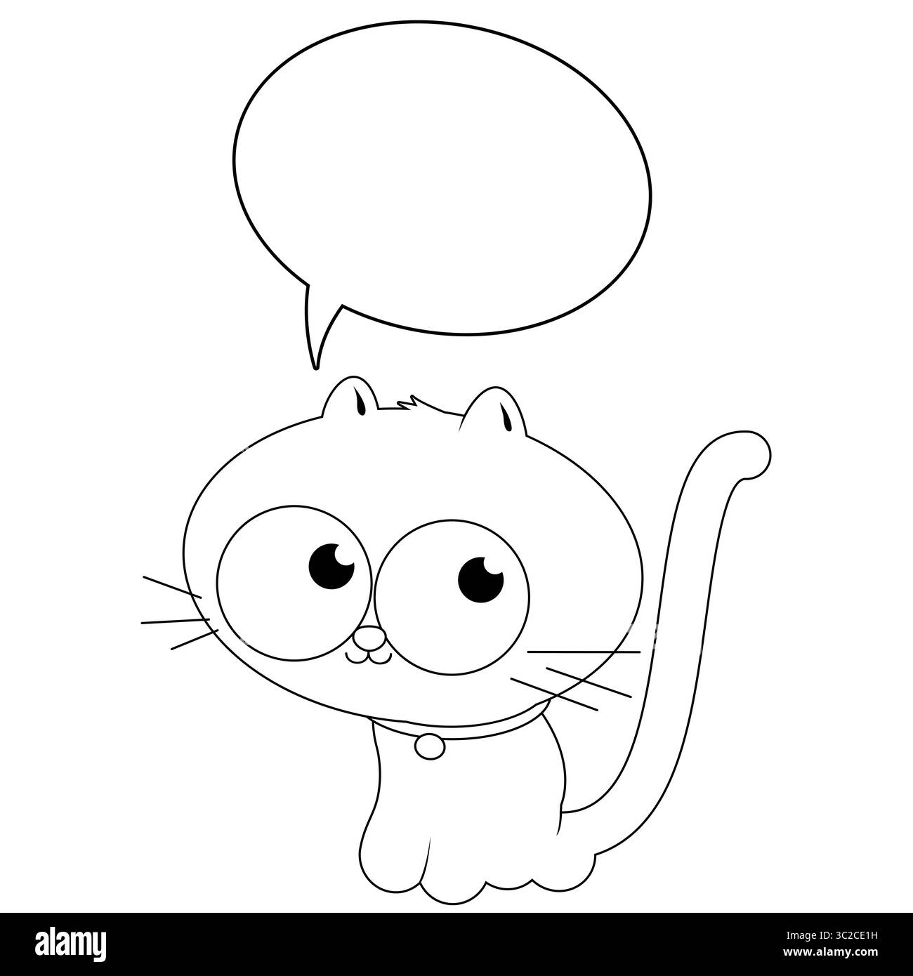 Chat de dessin animé avec une bulle de discours. Chaton mignon qui parle ou miaule. Infobulle vierge pour ajouter du texte. Coloriage noir et blanc. Banque D'Images