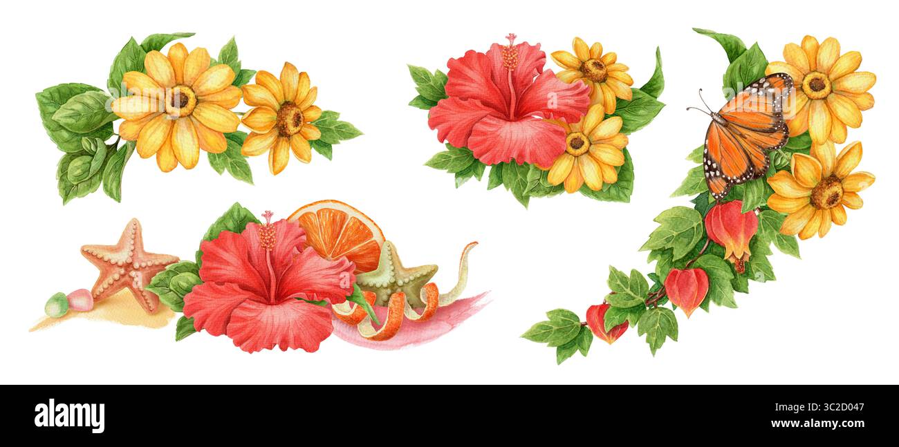Ensemble d'arrangement d'été de papillon monarque et fleur d'hibiscus. Design floral aquarelle dessiné à la main pour la décoration de thème de vacances tropicales. Lumineux Banque D'Images