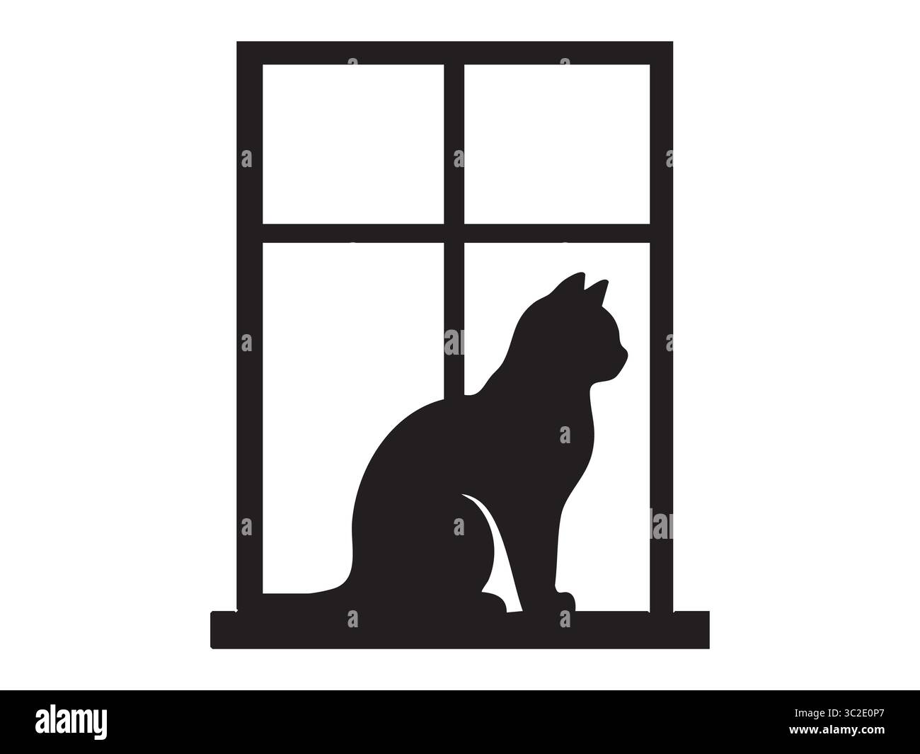 Silhouette noire de chat assis sur le rebord de la fenêtre isolé sur fond blanc, illustration graphique. Concept d'intérieur de maison confortable, animal domestique, paix Illustration de Vecteur