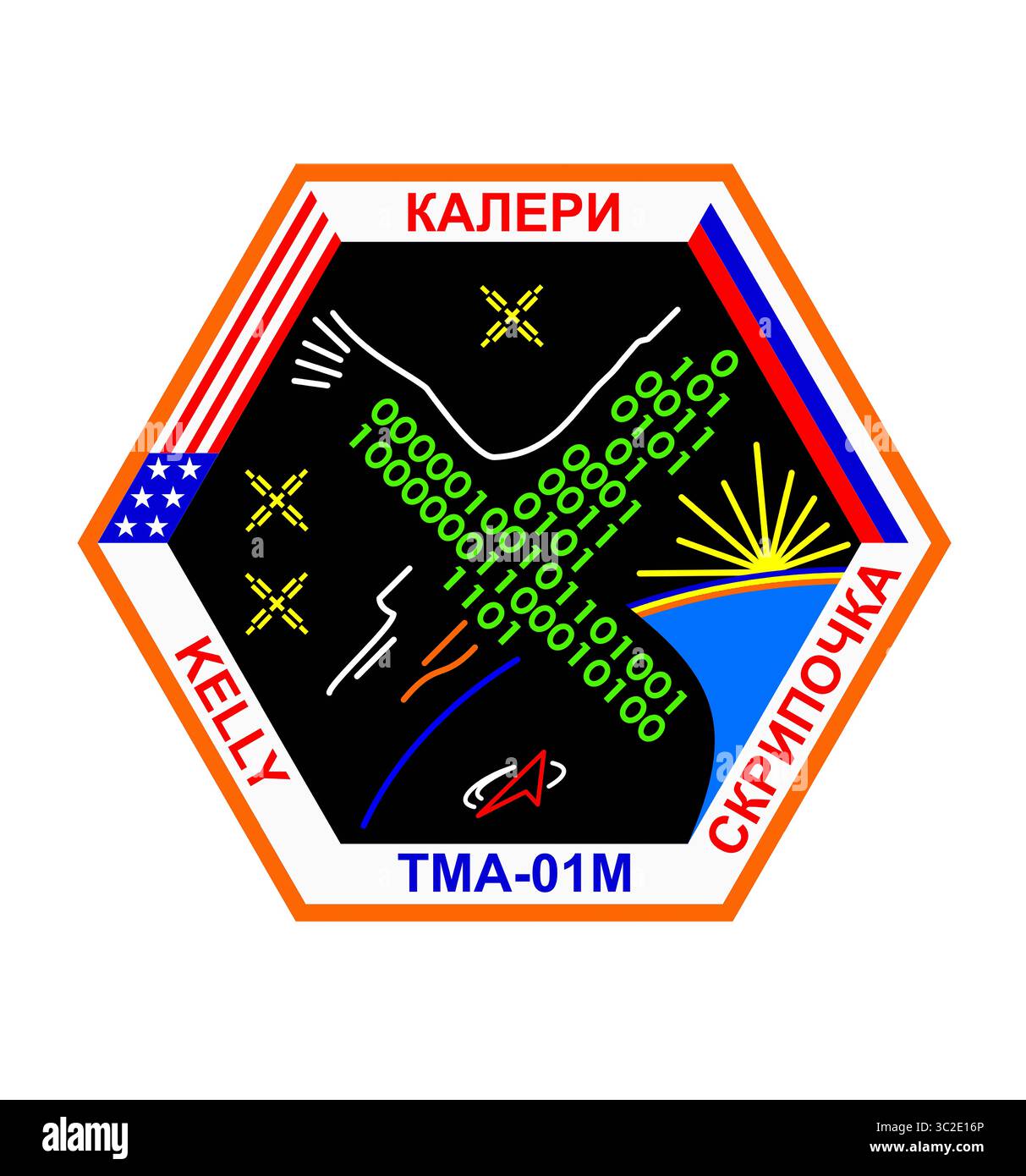 7 octobre 2010, Houston, Texas, États-Unis : logo officiel de la mission Soyouz TMA-01M. Le Soyouz TMA-01M était un vol Soyouz qui transportait trois membres de l'équipage de l'expédition 25 vers la Station spatiale internationale. Le TMA-01M était le 107e vol d'un vaisseau spatial Soyouz et le premier vol de la série modernisée TMA-M. Le vaisseau spatial est resté amarré à la station spatiale pendant l'expédition 25, pour servir de véhicule d'évacuation d'urgence. Commandant Russie Aleksandr Kaleri, RSA, ingénieur de vol 1 Russie Oleg Skripochka, RSA, ingénieur de vol 2 États-Unis Scott Kelly, NASA. (Crédit image : © NASA/ZUMA Wire) Banque D'Images