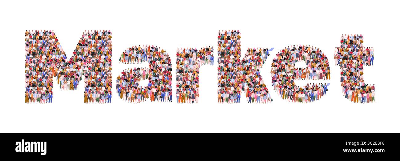 Grand groupe de personnes formant le marché de mot. Concepts d'affaires, de commerce, de développement de marque et d'économie. Vecteur non généré par IA Banque D'Images