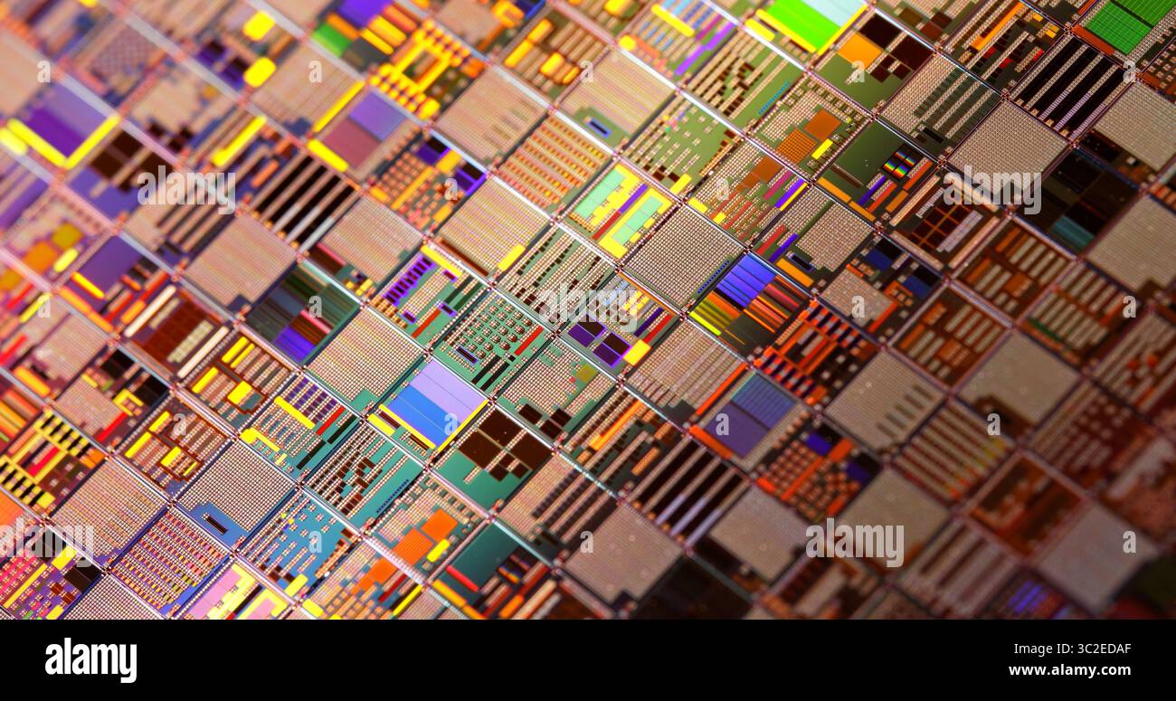 Gros plan d'une plaquette semi-conductrice en silicium. En électronique, une plaquette aussi appelée tranche ou substrat est une fine tranche de semi-conducteur, un silicium cristallin Banque D'Images