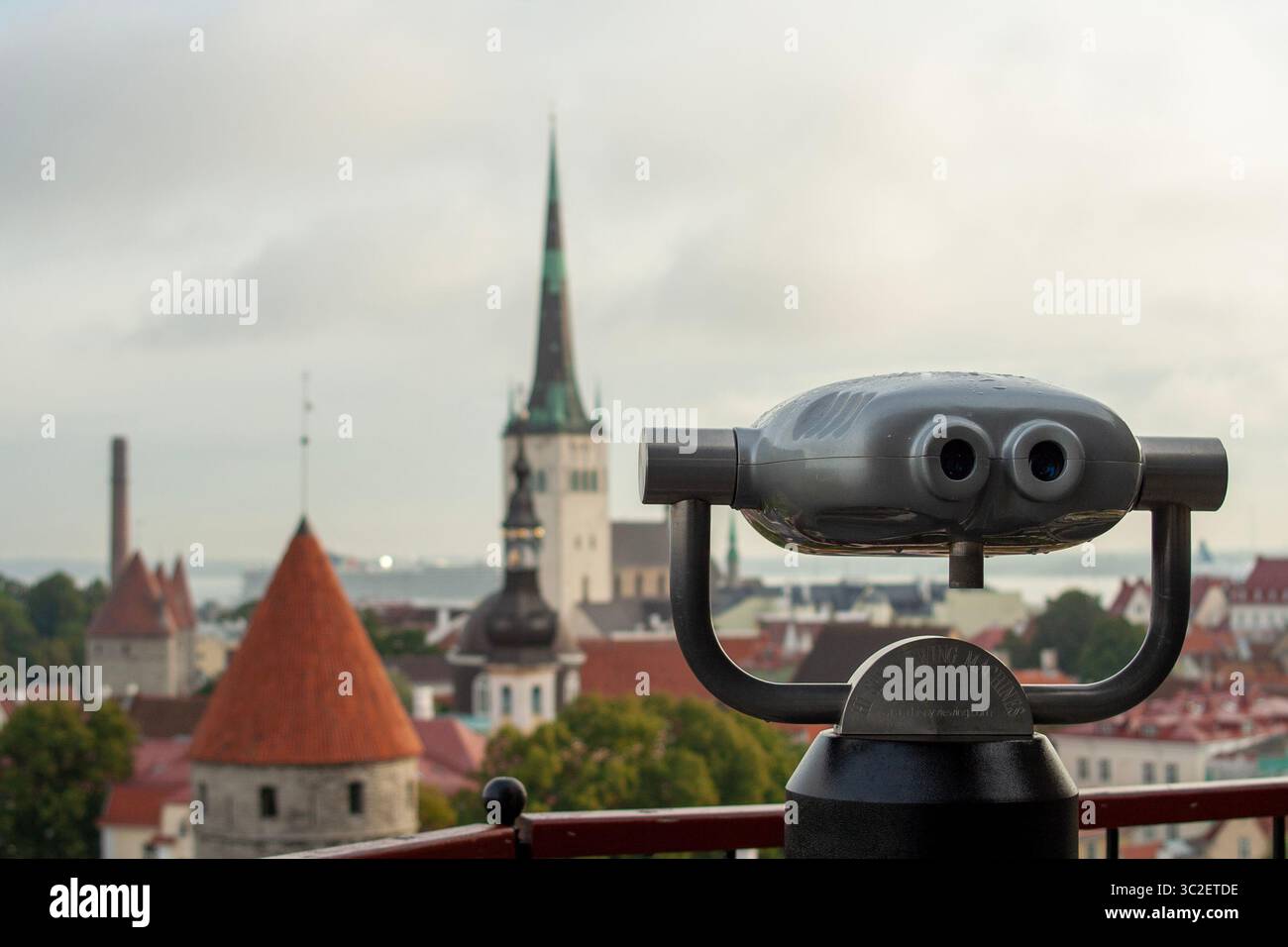 Admirez à vos jumelles le paysage historique de Tallinn, avec ses toits rouges et sa tour de l'église Banque D'Images