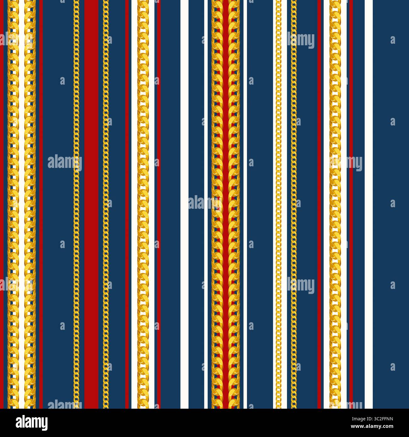 Un luxueux motif sans couture avec des rayures verticales audacieuses en bleu marine, rouge et blanc, entrelacées avec des chaînes dorées ornées, évoquant un sentiment de vi Banque D'Images