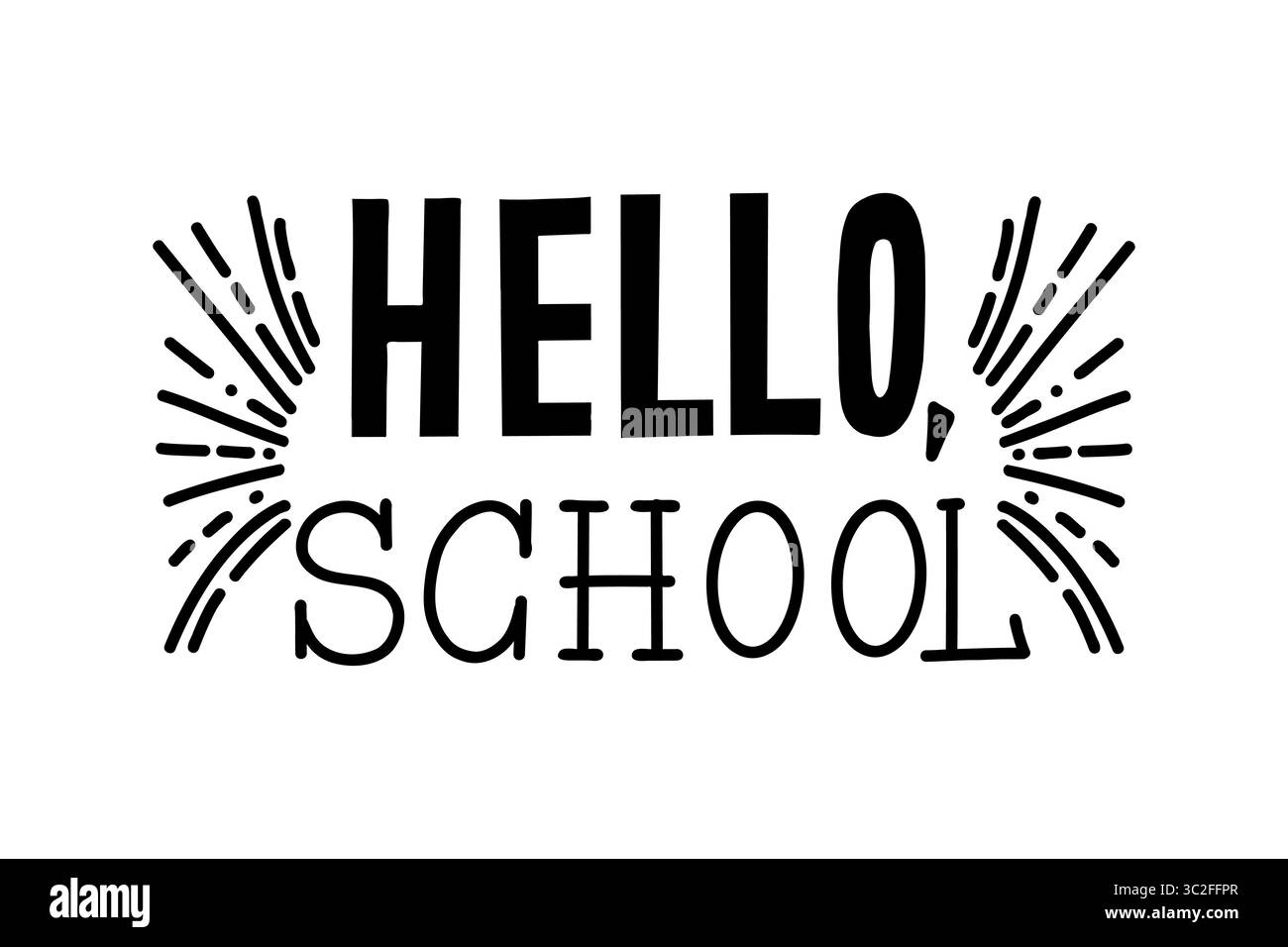 Illustration vectorielle dessinée à la main avec le lettrage Hello School à l'encre noire sur un fond blanc. Conception simple pour l'éducation et le proj. Sur le thème de l'école Illustration de Vecteur