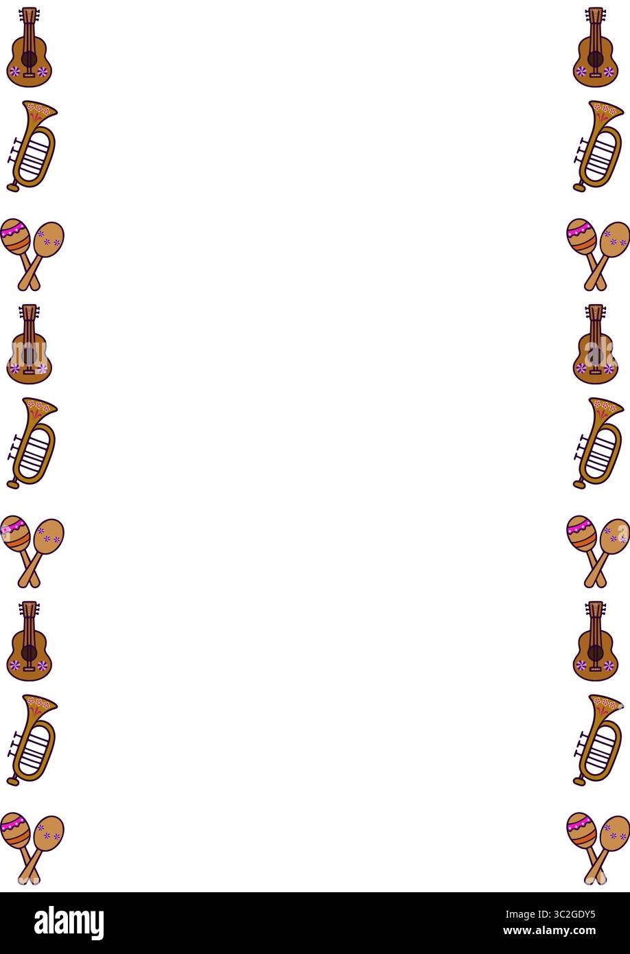 Festive Mexican Fiesta Vector Border Design : un motif répétitif joyeux avec guitares, trompettes et maracas, parfait pour les invitations, les bannières, Illustration de Vecteur