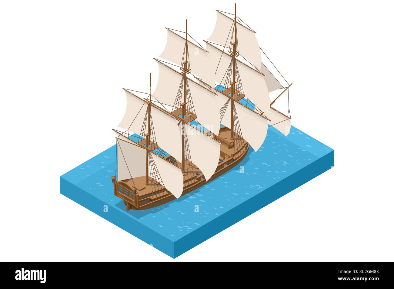 Une illustration isométrique d'un grand voilier en bois majestueux avec plusieurs voiles blanches pleines, majestueusement glissant sur l'eau bleue, symbolisant Illustration de Vecteur