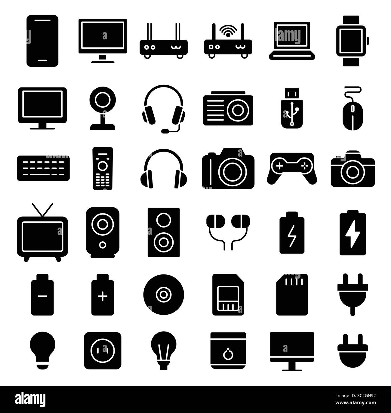 Variété d'appareils électroniques et d'accessoires dans le style Black Silhouette Illustration de Vecteur
