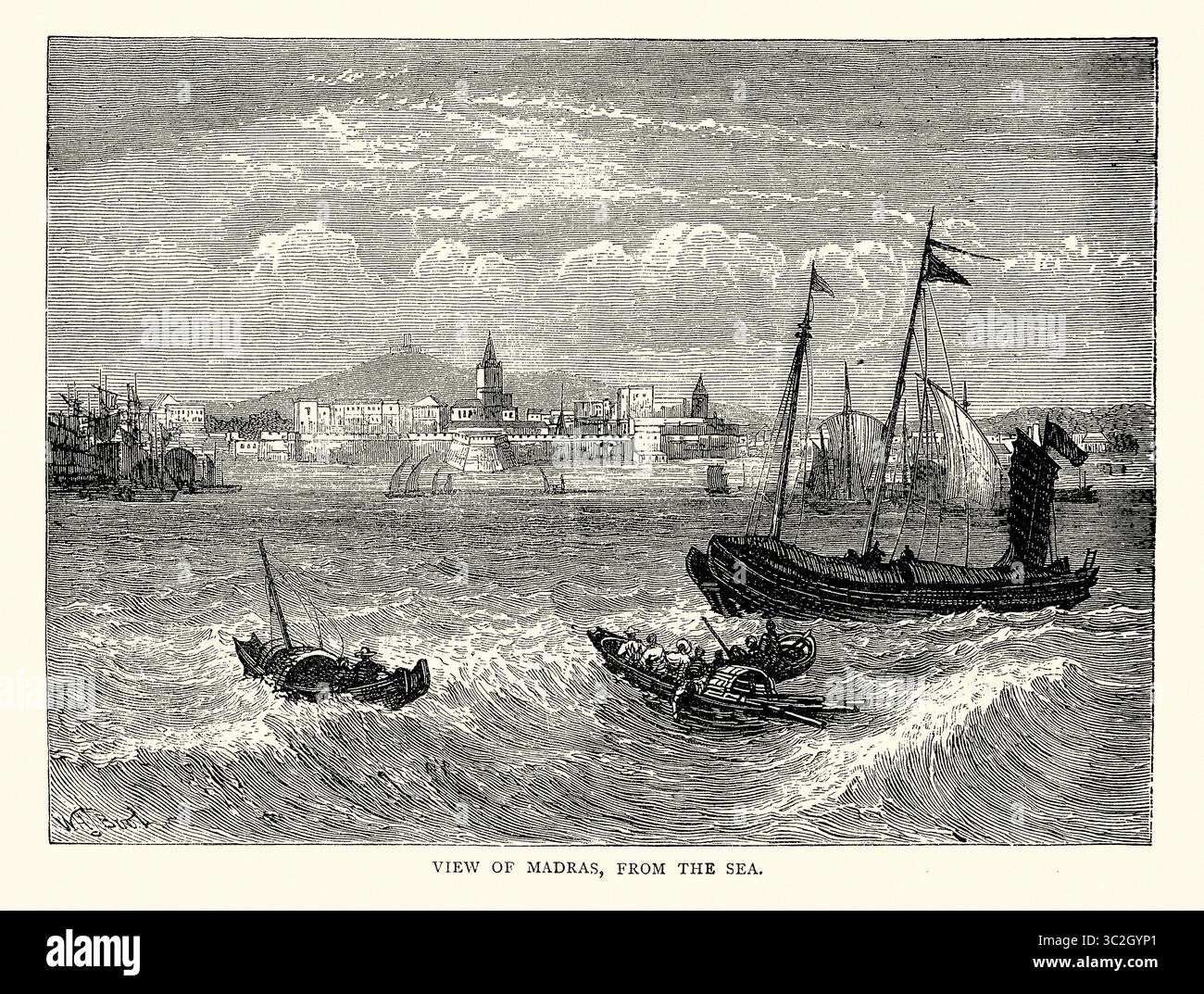 Histoire indienne, vue de Madras depuis la mer, illustration vintage du XIXe siècle, années 1880 Banque D'Images