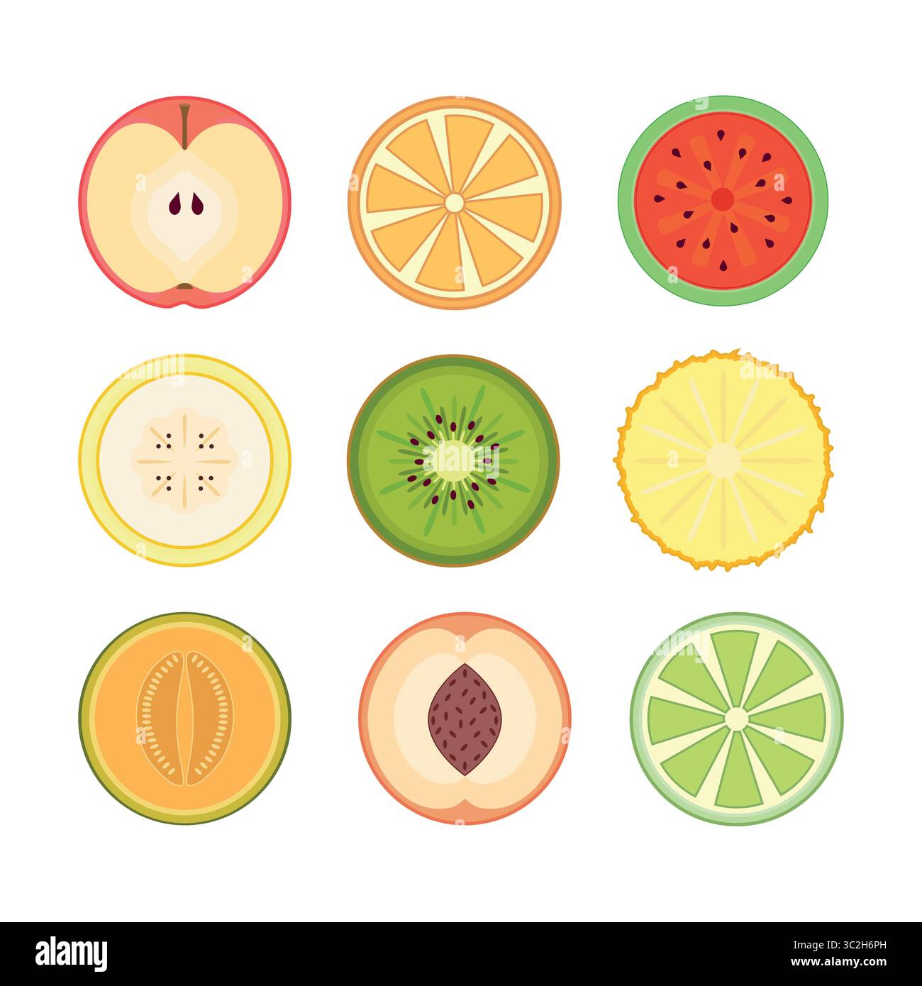 Illustration vectorielle plate de tranches de fruits rondes. Set idéal pour les tirages, emballages, menus, livres pour enfants, autocollants. Comprend pomme, orange, pastèque Illustration de Vecteur