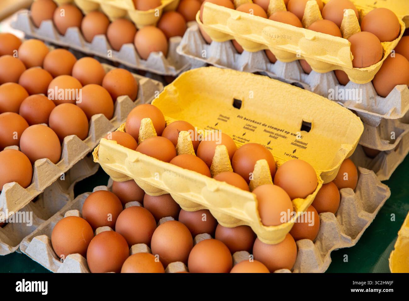 Cartons d'oeufs bio bruns dans la partie néerlandaise de l'Europe chez un vendeur de marché du matin Banque D'Images