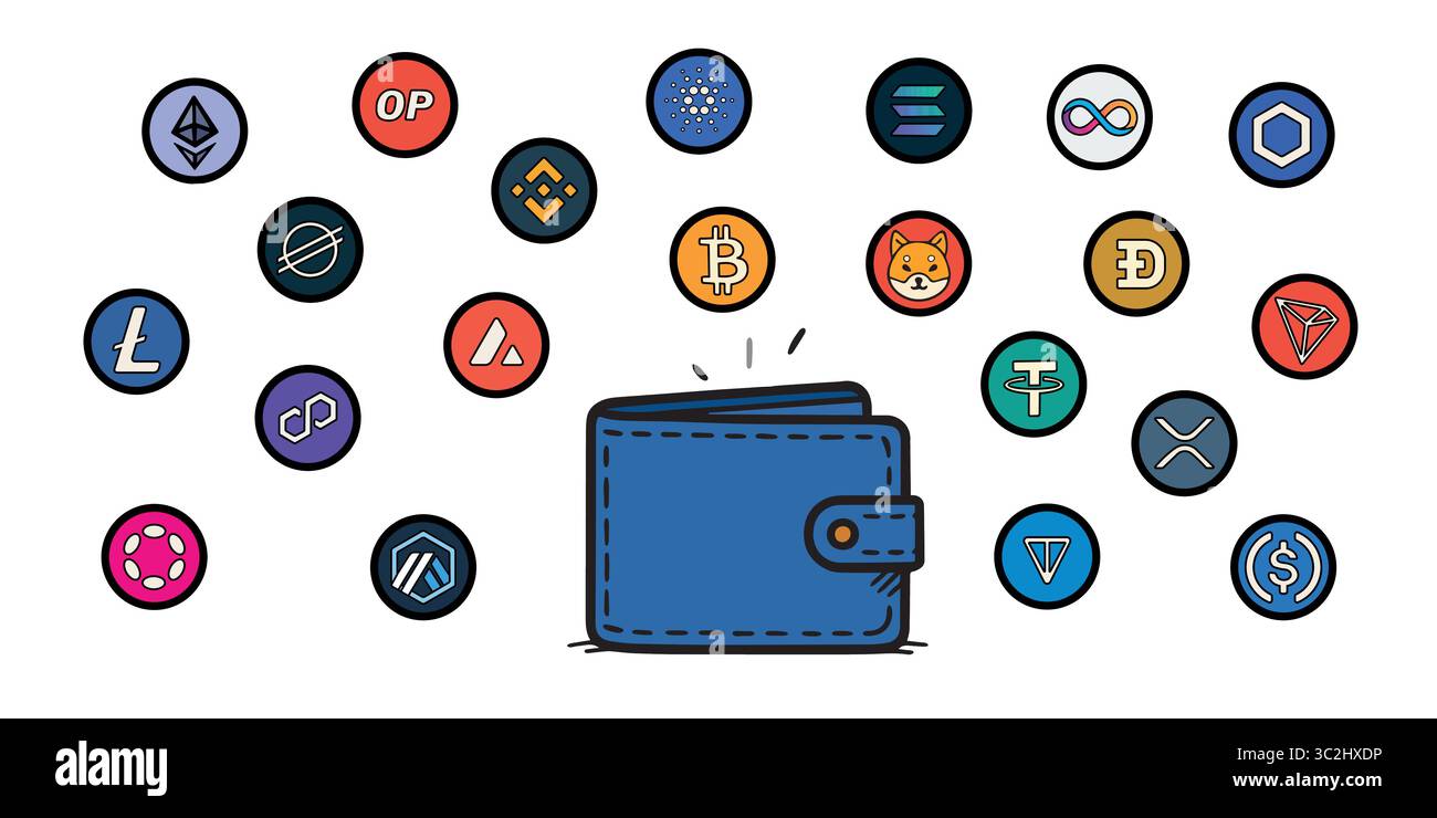 Ensemble d'icônes Doodle vecteur plat de 21 crypto-monnaies principales avec un portefeuille au centre. Style coloré dessiné à la main. Idéal pour l'interface utilisateur fintech, les applications blockchain, Illustration de Vecteur