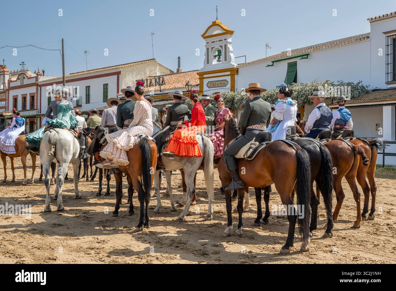 Pèlerins à cheval, pèlerinage Romeria de El Rocio, El Rocio, Huelva, Andalousie, Espagne Banque D'Images