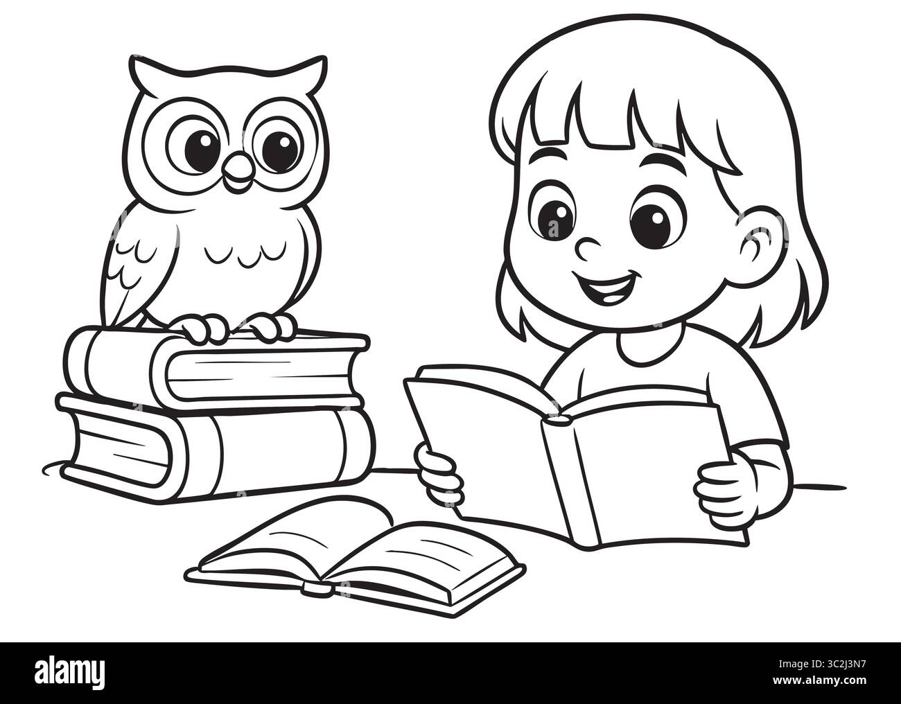 Fille lisant un livre avec hibou assis sur une pile de livres. Illustration de Vecteur