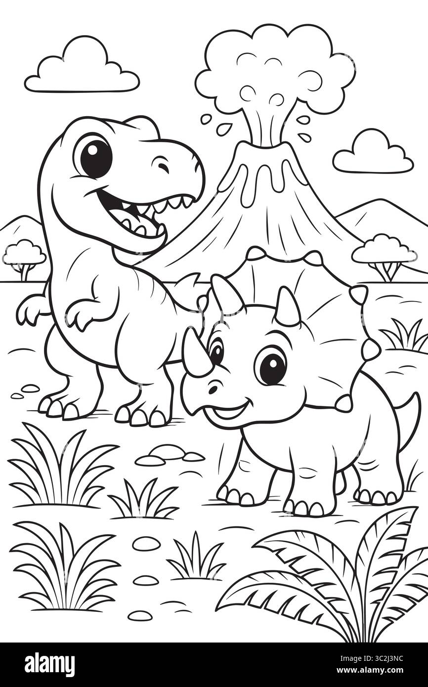Mignons dinosaures près du volcan en éruption en coloriage. Illustration de Vecteur