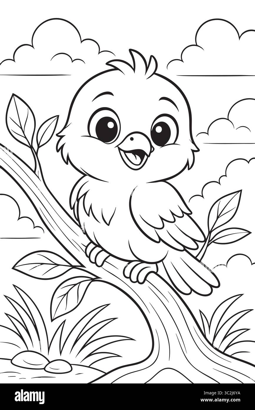 Oiseau de dessin animé mignon assis sur une branche d'arbre avec des feuilles. Illustration de Vecteur Oiseau de dessin animé mignon assis sur une branche d'arbre avec des feuilles. Illustration de Vecteur