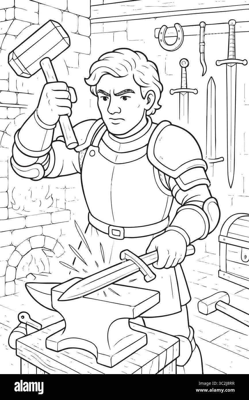 Chevalier forgeant l'épée dans un atelier de forgeron médiéval Illustration de Vecteur