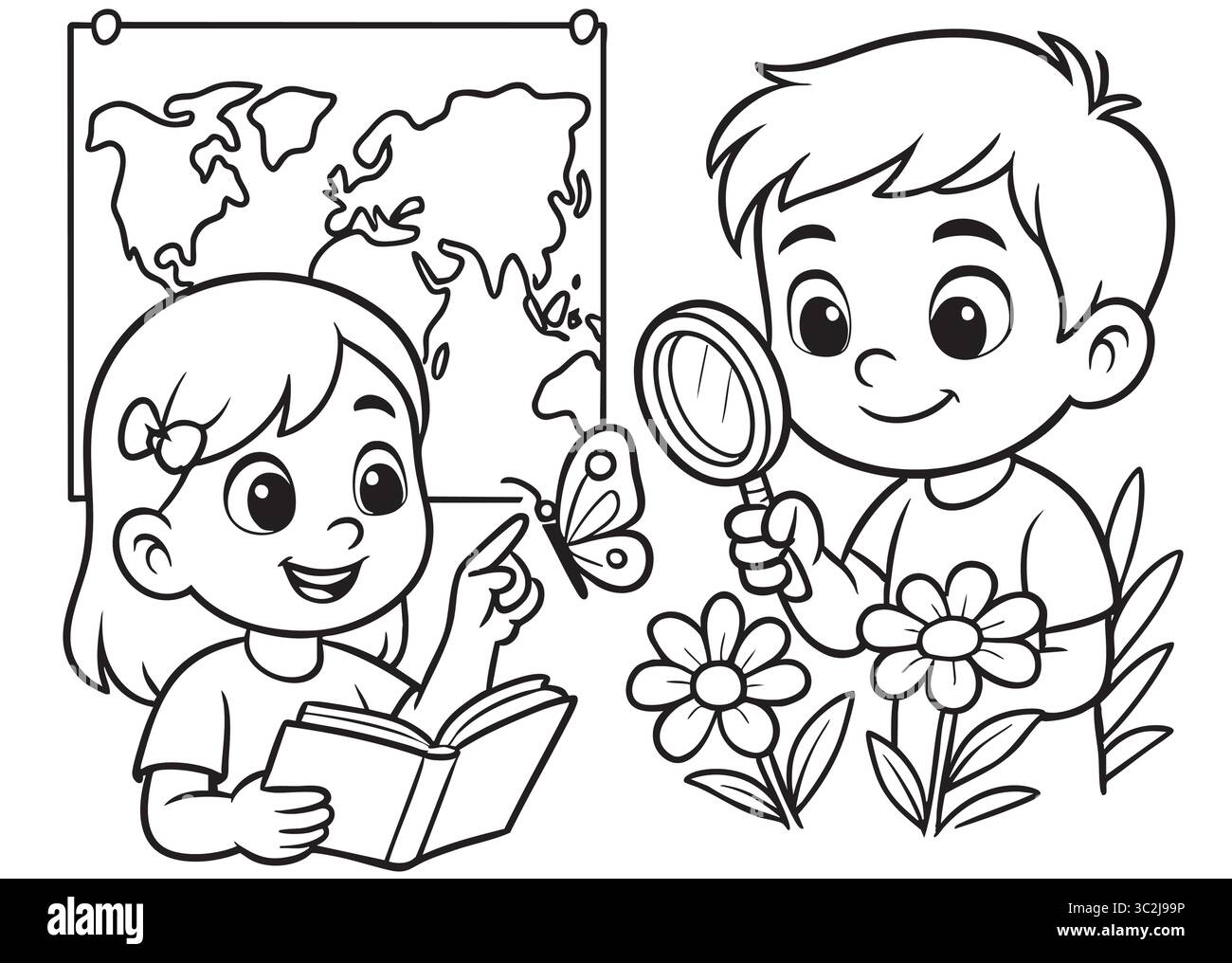 Enfants mignons explorant la nature et la géographie avec des livres et une loupe Illustration de Vecteur