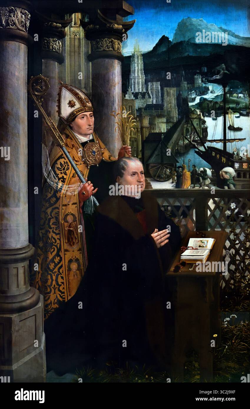 Portrait d'un donateur avec Saint Nicolas, 1515 - 1521 XVIe siècle par Jan Provoost 1470-1529 Groeningemuseum, musée municipal, Bruges, Belgique, flamand, (« Nicholas », protégeant l'homme, est représenté sur le quai du port, où il observe le déchargement des céréales. Les tiges de grain qu'il tient dans sa main gauche au premier plan sont liées à la Legenda Aurea (13ème siècle) Banque D'Images