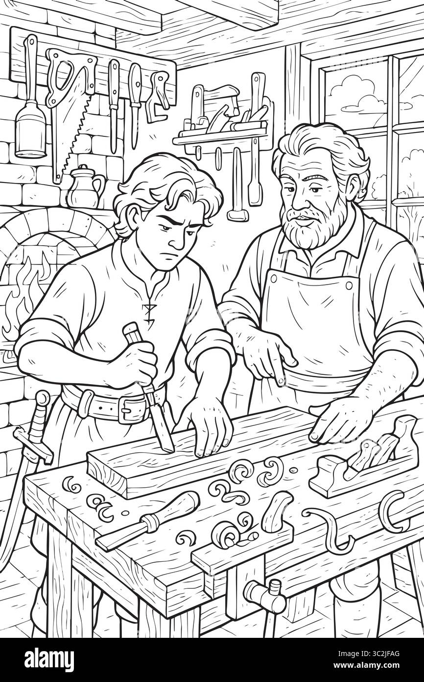 Scène de menuiserie médiévale avec jeune apprenti et maître artisan. Illustration de Vecteur