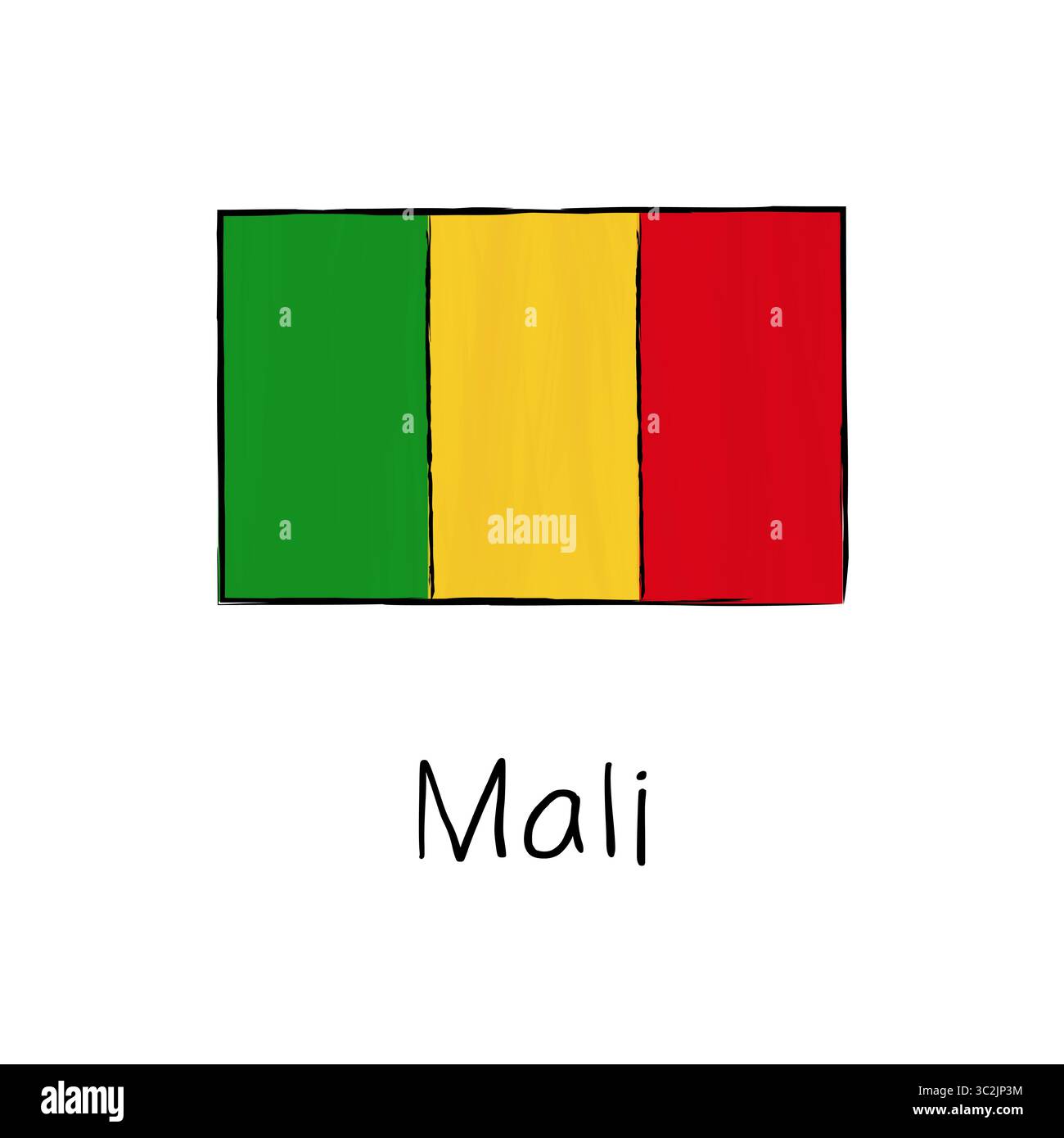 Drapeau du Mali avec contour et signature isolé sur fond blanc. Illustration vectorielle de couleur dessinée à la main dans le style d'esquisse. Illustration de Vecteur