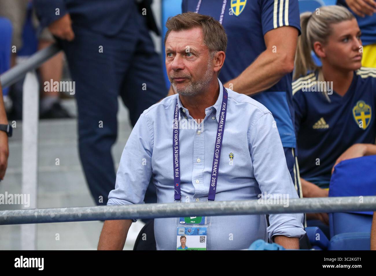 3 juillet 2019, Lyon, France : Peter Gerhardsson, de Suède, lors d'un match contre les pays-Bas valable pour les demi-finales de la Coupe du monde féminine. (Crédit image : © Vanessa Carvalho/ZUMA Wire) Banque D'Images