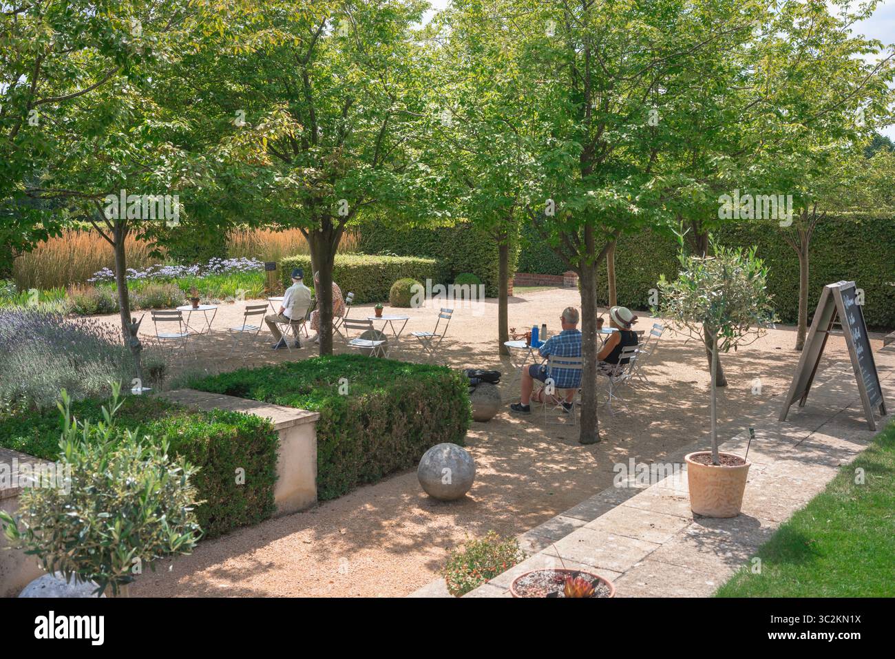 Garden UK, vue en été de personnes assises à des tables sur une terrasse ombragée dans le jardin clos de Markshall Estate, Coggeshall, Essex, Angleterre Banque D'Images