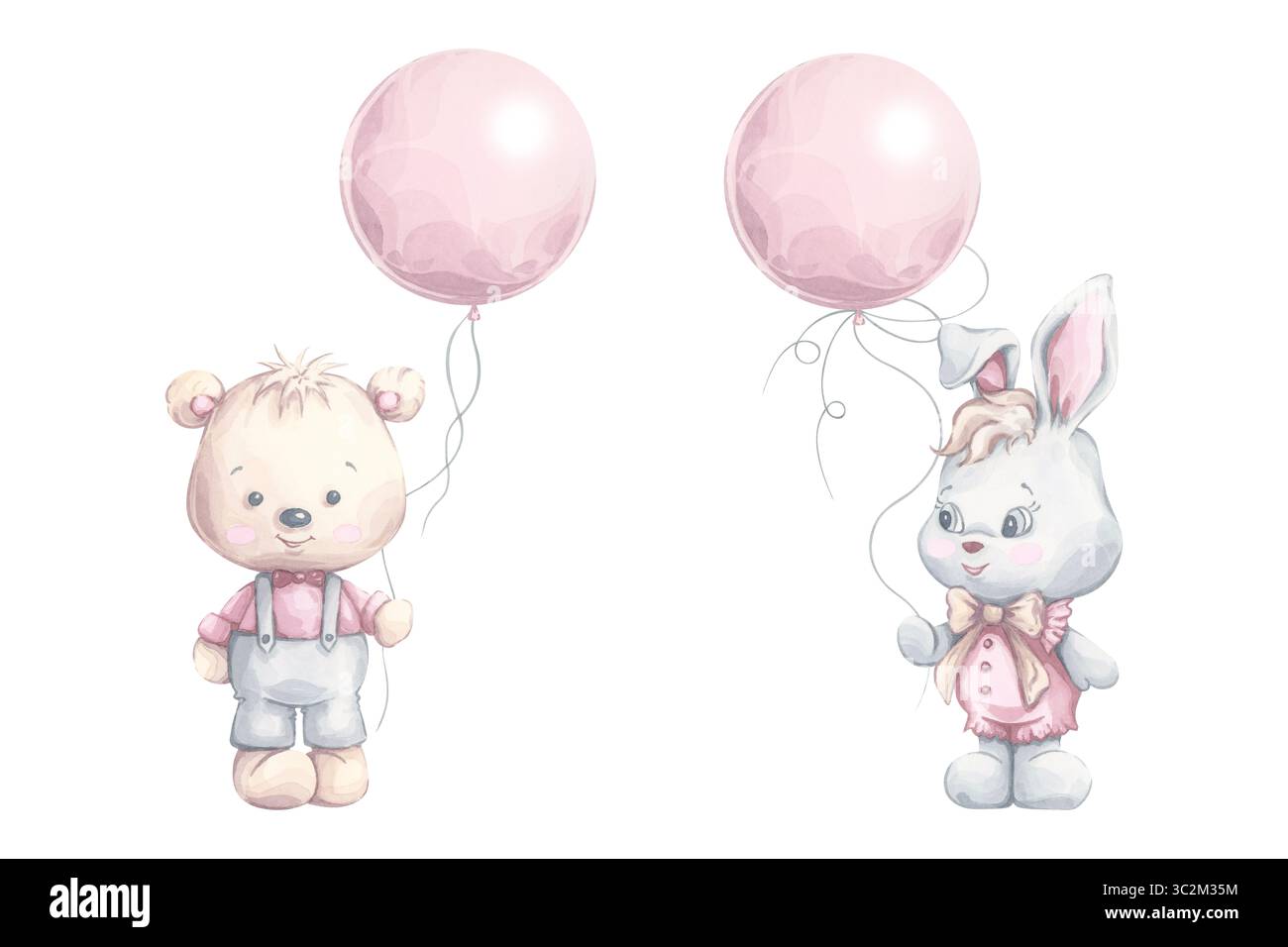 Ours et lapin avec des ballons. Illustration aquarelle peinte à la main dans des couleurs pastel. Beige, rose et gris. Mignon bébé animal clipart pour la pépinière, bébé Banque D'Images