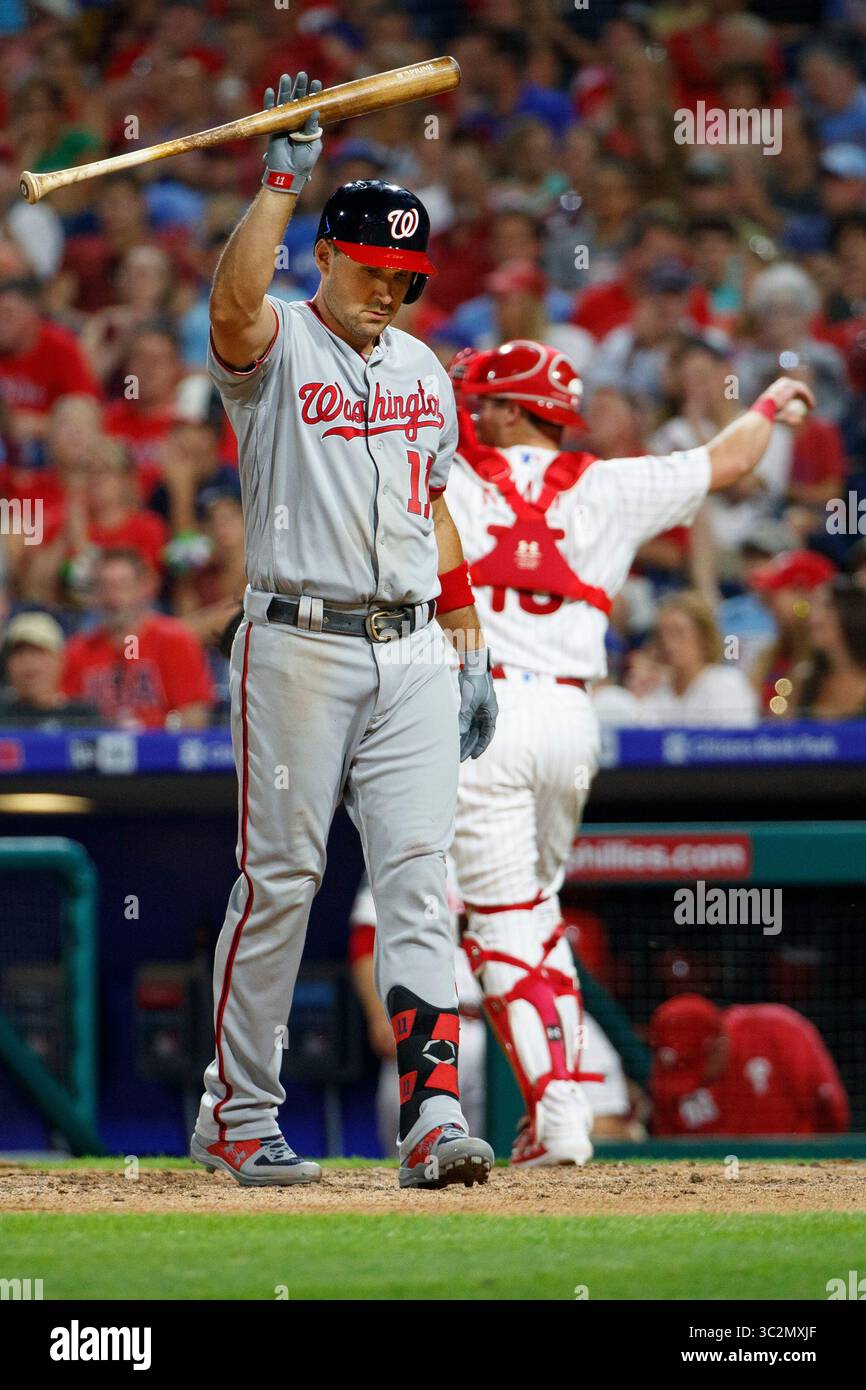 12 juillet 2019 : Ryan Zimmerman (11 ans), premier joueur des Nationals de Washington, réagit à la frappe lors du match MLB entre les Nationals de Washington et les Philadelphia Phillies au Citizens Bank Park à Philadelphie, en Pennsylvanie. Christopher Szagola/CSM(image de crédit : &copy ; Chris Szagola/CSM via ZUMA Wire) Banque D'Images