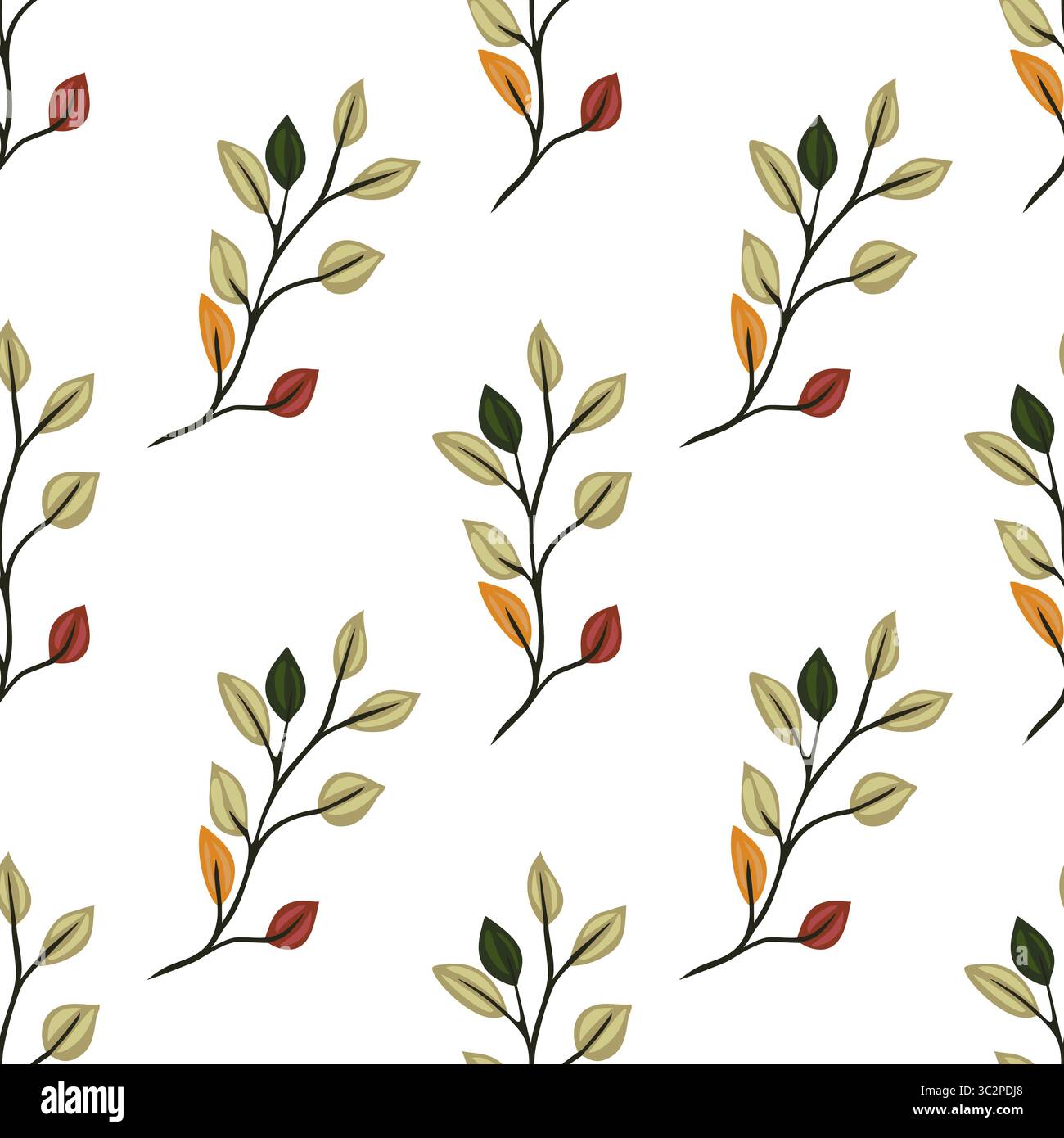 Un motif vectoriel sans couture avec des branches délicates avec des feuilles dans différentes nuances de vert, orange et rouge sur un fond blanc. Illustration de Vecteur