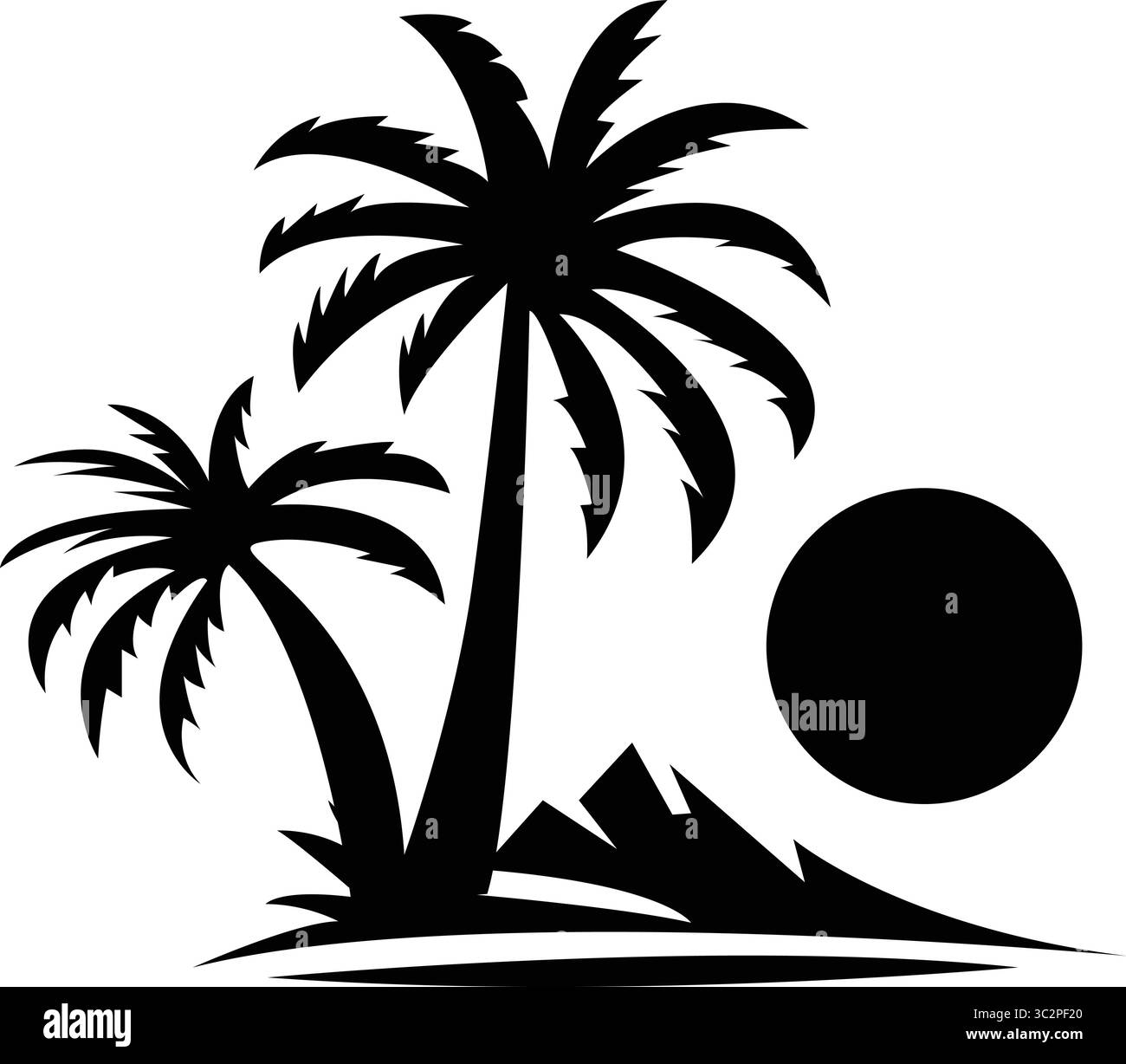 Palmiers et coucher de soleil derrière la silhouette de montagne, illustration vectorielle. Illustration de Vecteur