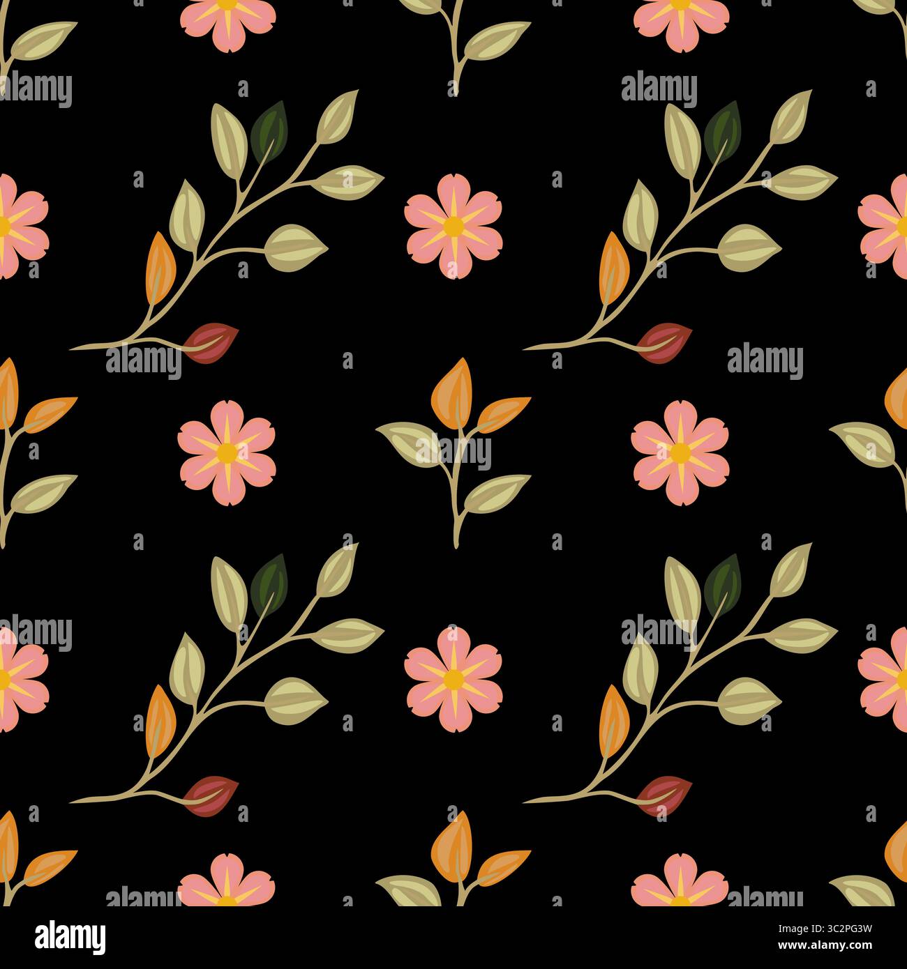 Un motif floral sans couture vectoriel avec des fleurs roses et des feuilles vertes sur un fond noir. Le design comprend diverses feuilles dans des tons de vert Illustration de Vecteur