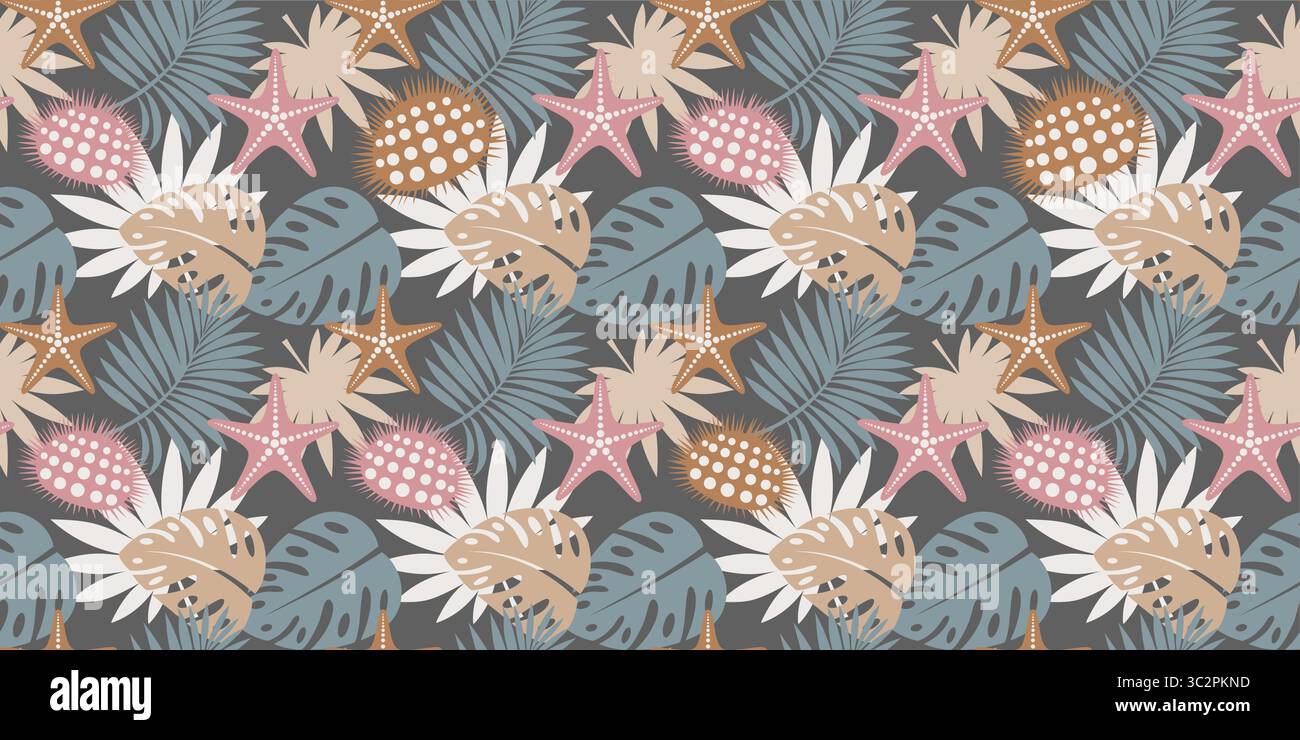 Fond de modèle tropical sans couture, bannière de feuilles exotiques, feuille de monstera et de palmier, étoiles de mer d'animaux marins et oursin. Illustration vectorielle Illustration de Vecteur
