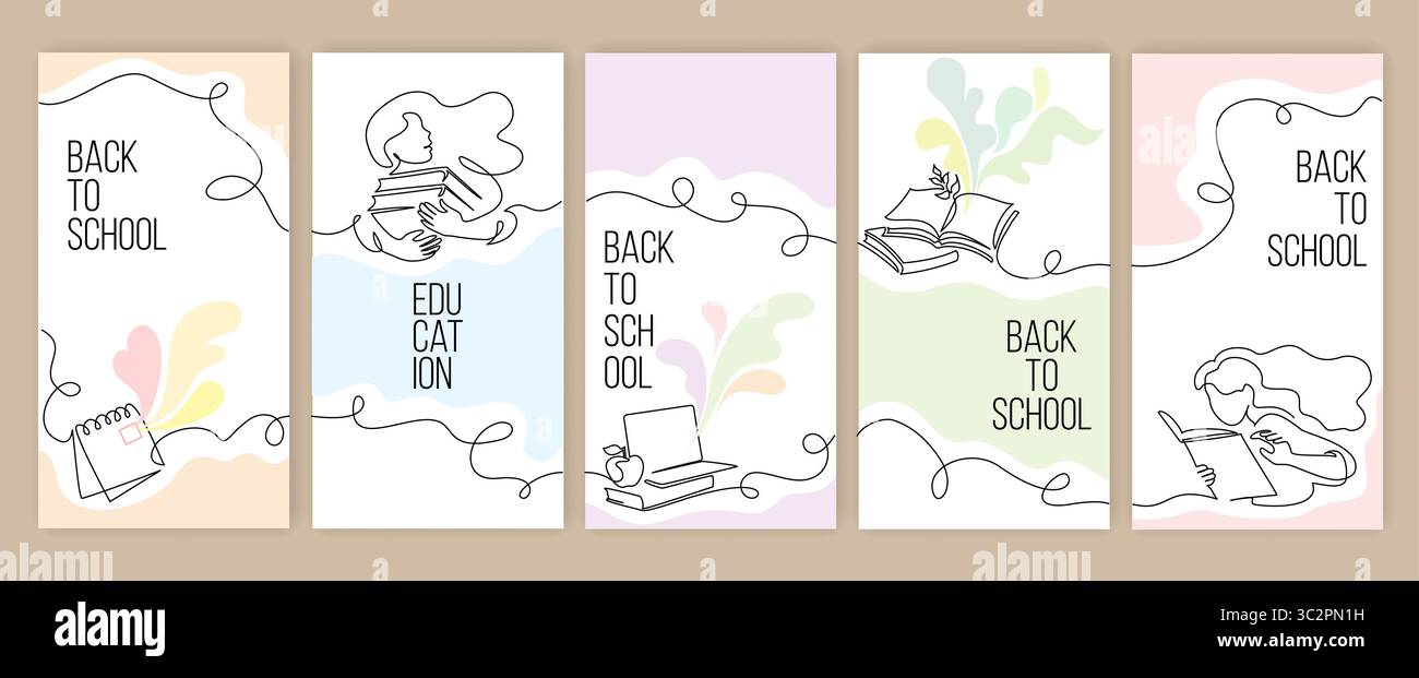 Ensemble de modèles de bannière verticale avec concept d'éducation de la mode, avec collage, dessin au trait pour les enfants et fournitures scolaires Illustration de Vecteur