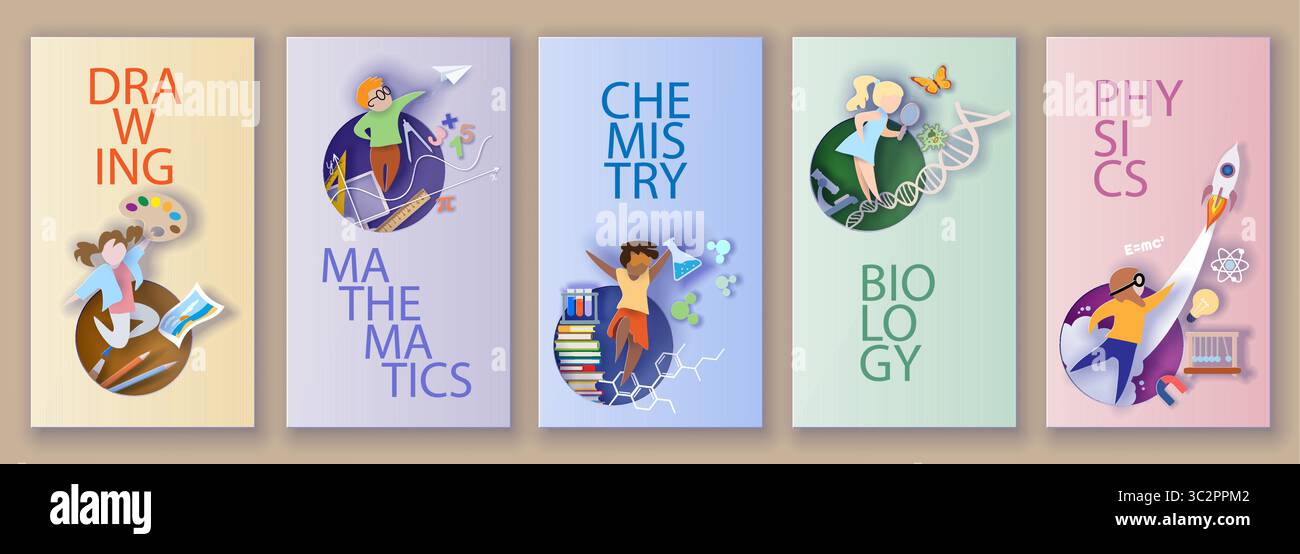 Modèles de bannière verticale de concept d'éducation à la mode définis avec du papier papeterie collage découpe les élèves divers cours scolaires. Illustration de Vecteur