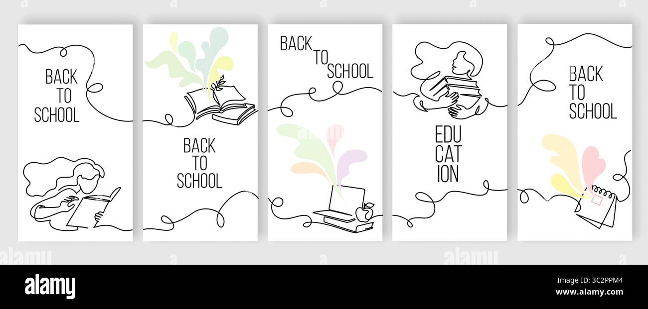 Ensemble de modèles de bannière verticale avec concept d'éducation de la mode, avec collage, dessin au trait pour les enfants et fournitures scolaires Illustration de Vecteur