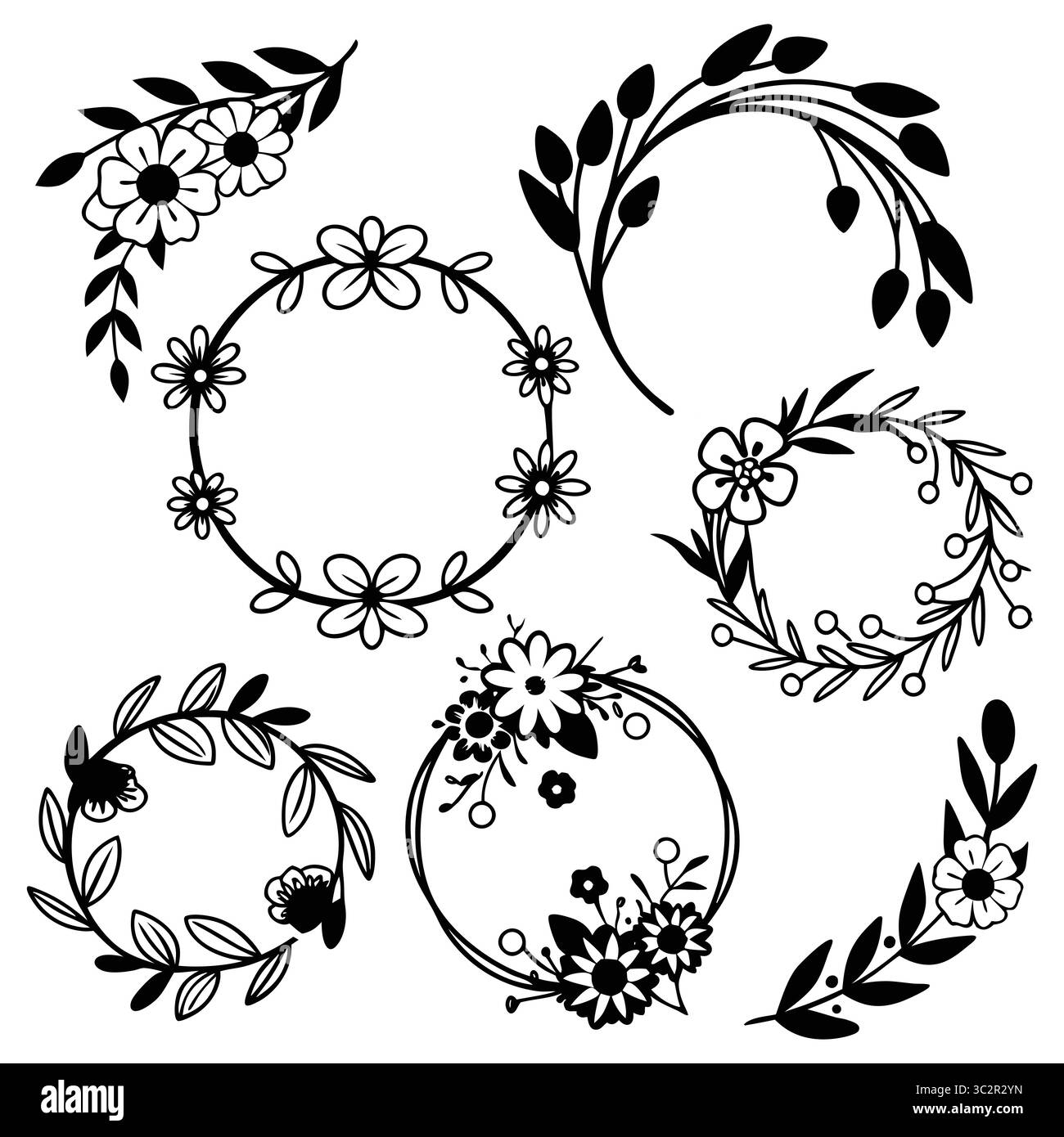 Ensemble de vecteurs de couronnes et de bordures florales dessinées à la main Illustration de Vecteur