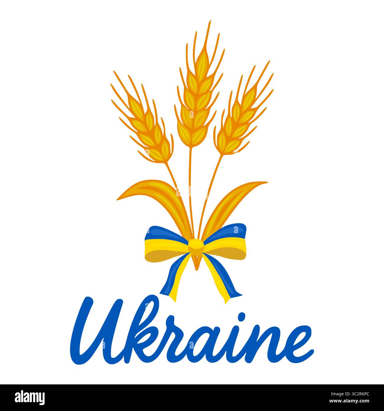Une charmante illustration vectorielle représentant trois tiges de blé dorées attachées avec un ruban bleu et jaune, symbolisant l'Ukraine, serties sur un blanc propre Illustration de Vecteur