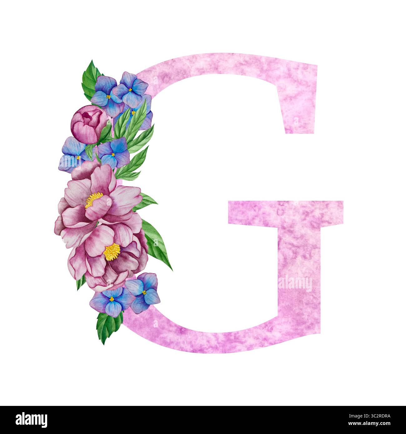 Alphabet floral, lettres serties de fleurs d'aquarelle et de feuilles. Initiales monogramme parfaitement pour les invitations de mariage, carte de voeux, logo, affiche et ot Banque D'Images