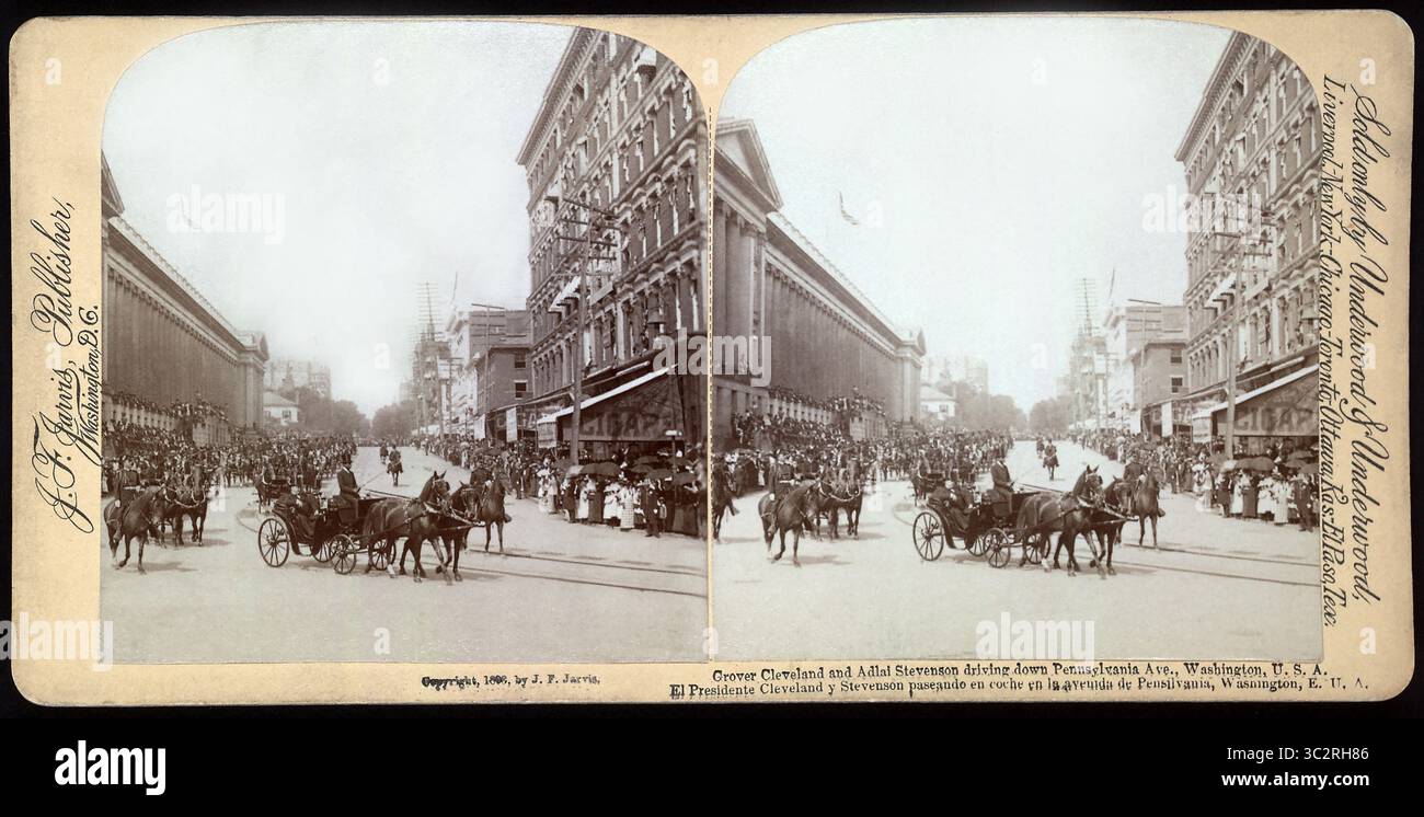 10 juin 2019, Washington DC, États-Unis : Grover Cleveland et Adlai Stevenson conduisant sur Pennsylvania Ave., Washington, États-Unis, Stereo Card, J.F. Jarvis Publishers, vendu par Underwood & Underwood, 1893 (crédit image : © JT Vintage/Glasshouse via ZUMA Wire) Banque D'Images