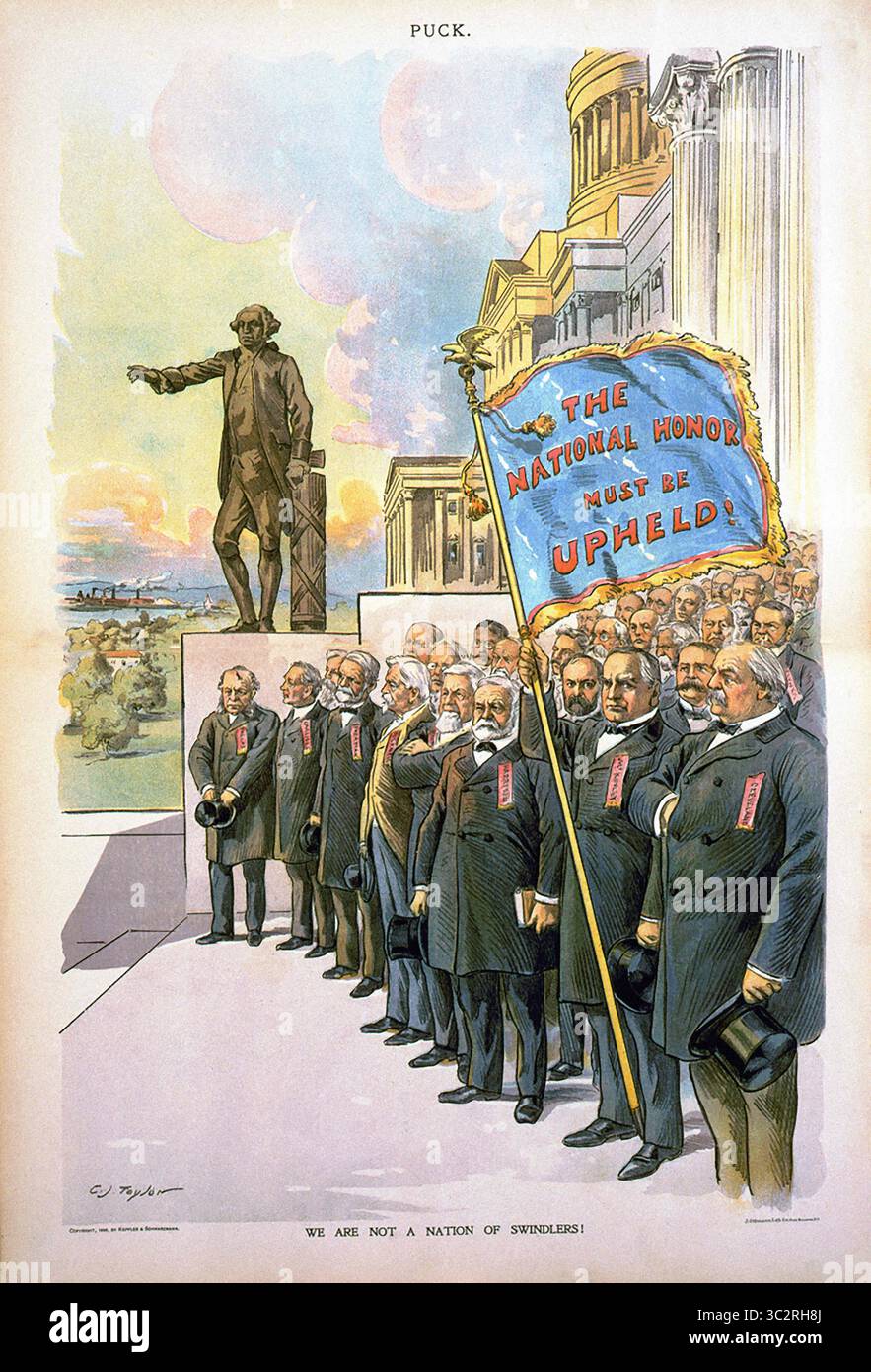 10 juin 2019, États-Unis : ''We Are Not a Nation of Swindlers !'', caricature politique d'un groupe de personnes mettant en vedette les présidents des États-Unis Grover Cleveland, William McKinley et Benjamin Harrison au premier plan, avec McKinley tenant le drapeau, ''The National Honor must be Upheld !''', Puck Magazine, Keppler & Schwarzmann, 21 octobre 1896 (crédit image : © JT Vintage/Glasshouse via ZUMA Wire) Banque D'Images