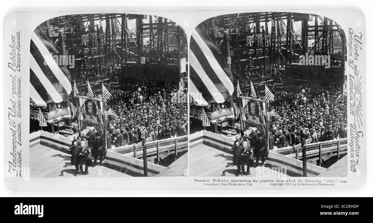 11 juin 2019, San Francisco, Californie, États-Unis : le président McKinley approche de la plate-forme à partir de laquelle le cuirassé ''Ohio'' a été lancé, San Francisco, Californie, États-Unis, Stereo Card, Underwood & Underwood, 1901 (crédit image : © JT Vintage/Glasshouse via ZUMA Wire) Banque D'Images
