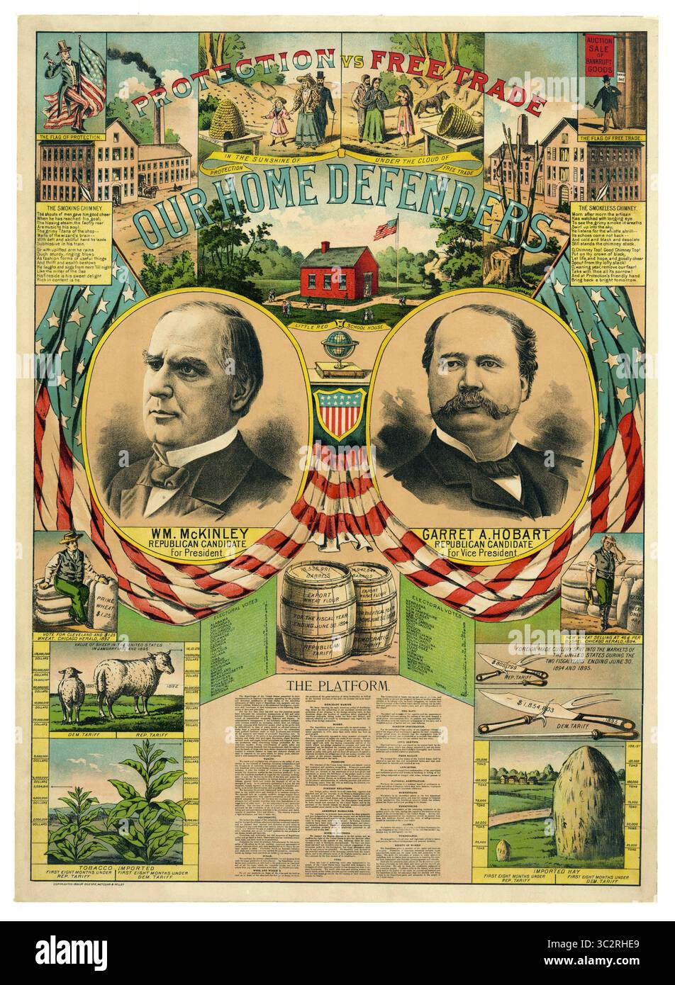 11 juin 2019, États-Unis : ''protection vs Free Trade, Our Home Defenders'', affiche de campagne présidentielle du Parti républicain mettant en vedette William McKinley pour le président et Garret A. Hobart pour le vice-président, lithographie, Gillespie, Metzgar & Kelley, 1896 (image crédit : © JT Vintage/Glasshouse via ZUMA Wire) Banque D'Images