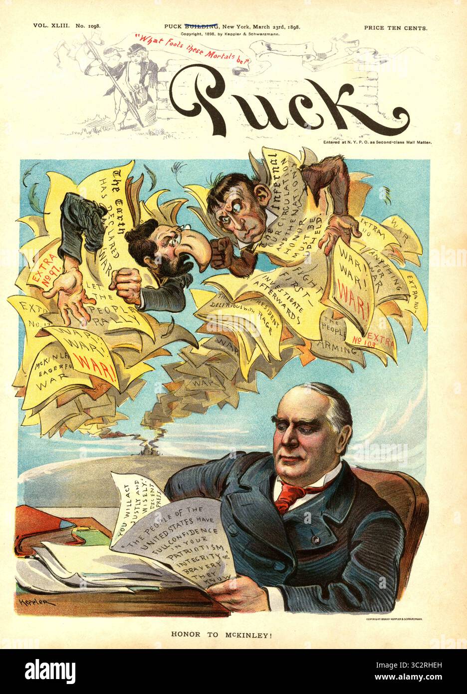 11 juin 2019, États-Unis : ''Honor to McKinley'', Cartoon politique mettant en vedette le président américain William McKinley et les rédacteurs en chef des journaux de journalisme jaune Joseph Pulitzer et William Randolph Hearst, Puck Magazine, illustration de Udo J. Keppler, lithographie de J. Ottmann Lith. Co, publié par Keppler & Schwartzmann, 23 mars 1898 (image crédit : © JT Vintage/Glasshouse via ZUMA Wire) Banque D'Images