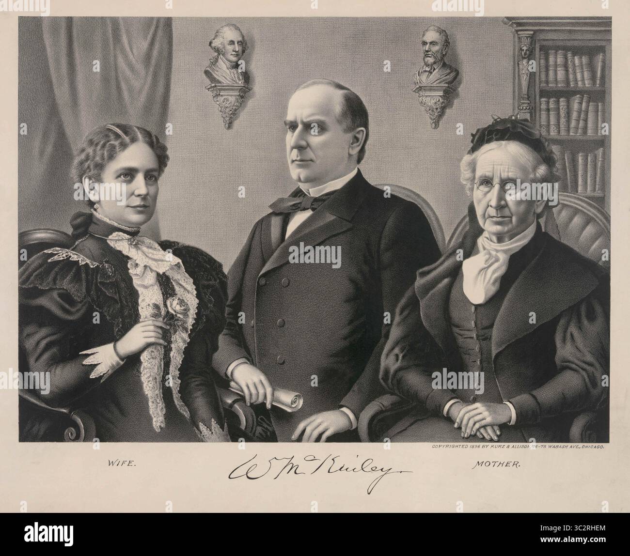 11 juin 2019, USA : William McKinley, assis entre sa femme, Ida (à gauche), et mère, Nancy, lithographie, Kurz & Allison, 1896 (crédit image : © JT Vintage/Glasshouse via ZUMA Wire) Banque D'Images