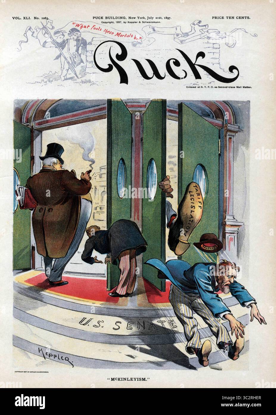 11 juin 2019, États-Unis : ''McKinleyism'', caricature politique mettant en vedette Fat Businessman étiqueté ''Monopolist'' étant accueilli au ''Sénat américain'', et à droite, un ''Tax payeur'' étant expulsé par large Shoe étiqueté ''Tariff Legislation'', Puck Magazine, oeuvre de Udo J. Keppler & Schwartzmann, 21 juillet 1897 (image crédit : © JT Vintage/shouse via ZUMA Wire) Banque D'Images