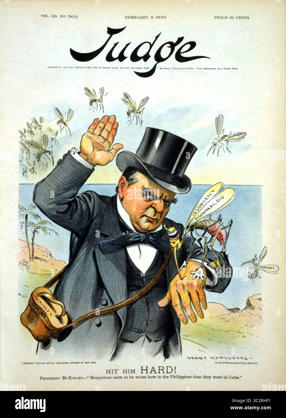 11 juin 2019, États-Unis : ''frappez-le fort !'', le président américain William McKinley sur le point d'écraser ''insurgé Aguinaldo'', un moustique, alors que d'autres moustiques ''insurgés'' se préparent à l'attaquer, caricature politique, illustration de Grant Hamilton, Judge Magazine, 4 février 1899 (crédit image : © JT Vintage/Glasshouse via ZUMA Wire) Banque D'Images