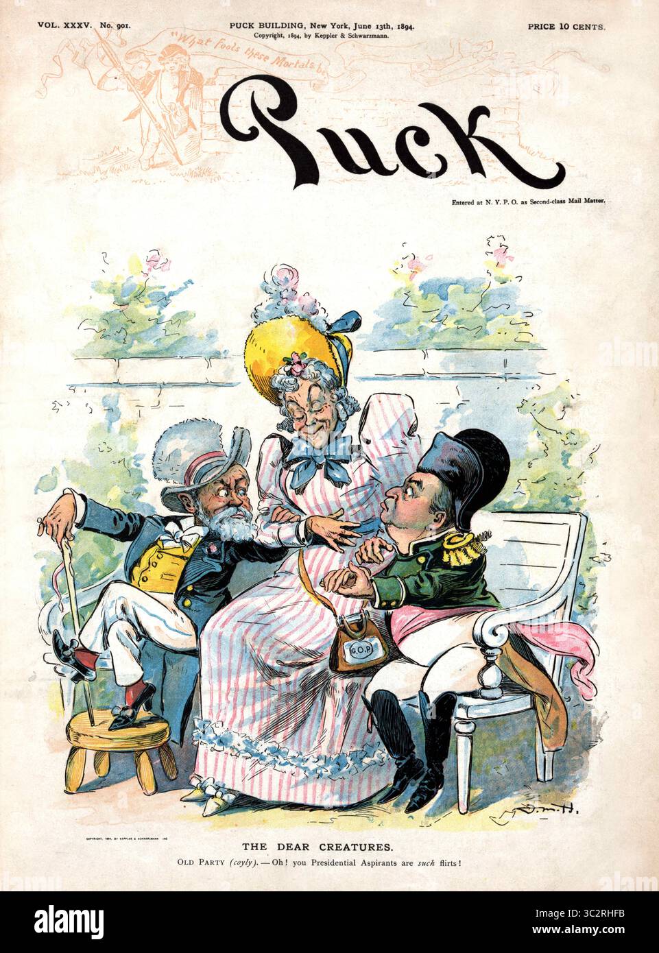 11 juin 2019, États-Unis : ''The Dear Creatures'', caricature politique mettant en vedette Old Woman Sitting on Bench, tenant un sac étiqueté ''G.O.P.'', avec Benjamin Harrison à gauche et William McKinley à droite, rivalisant pour son attention, Puck Magazine, œuvre de Frank Marion Hutchins, publié par Keppler & Schwartzmann, 13 juin 1894 (crédit image : © JT Vintage/Glasshouse via ZUMA Wire) Banque D'Images
