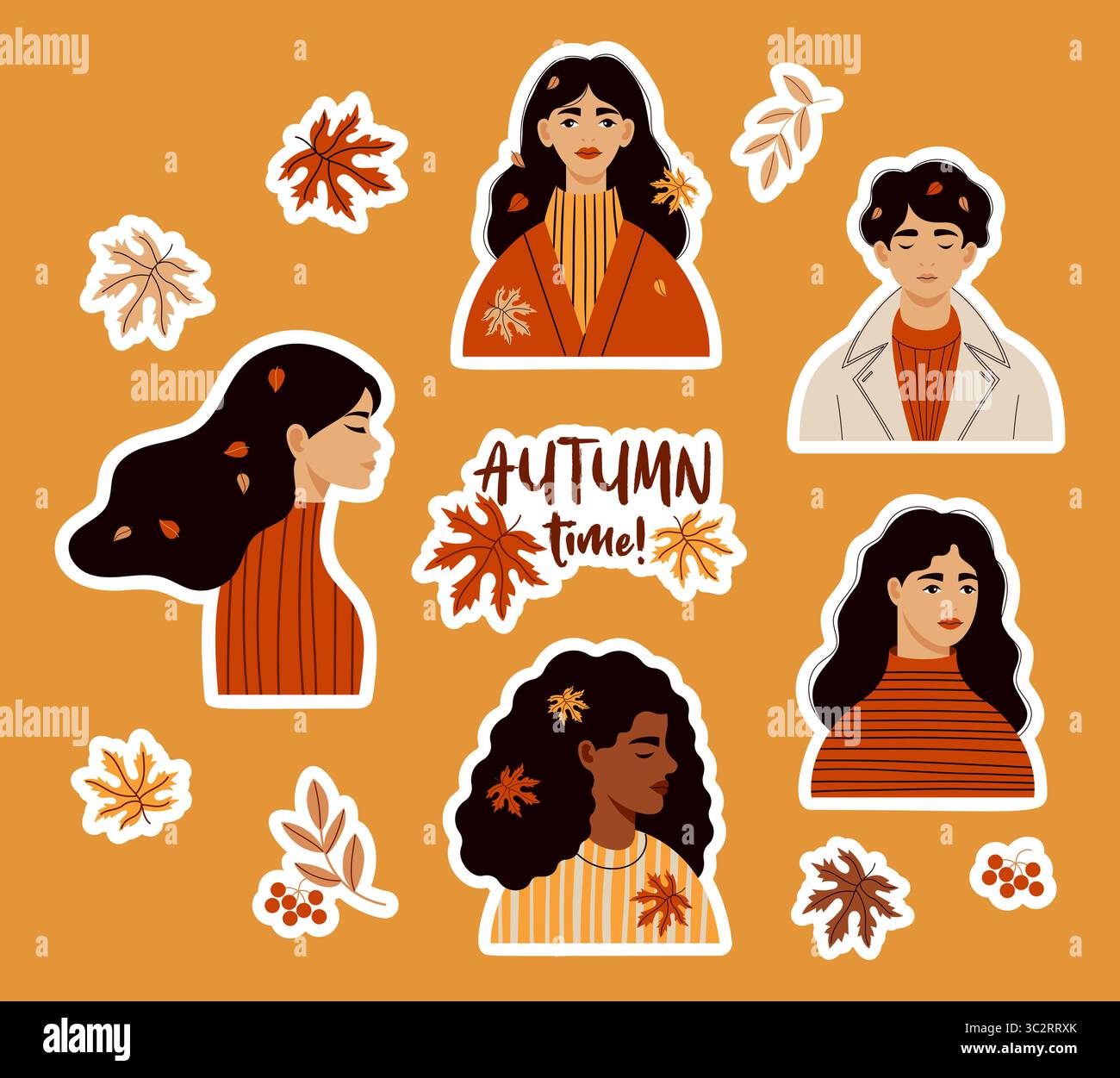 Élégant ensemble d'autocollants femme diverse et feuilles d'automne. Portraits automnaux féminins isolés. Illustration vectorielle. Pas IA Illustration de Vecteur