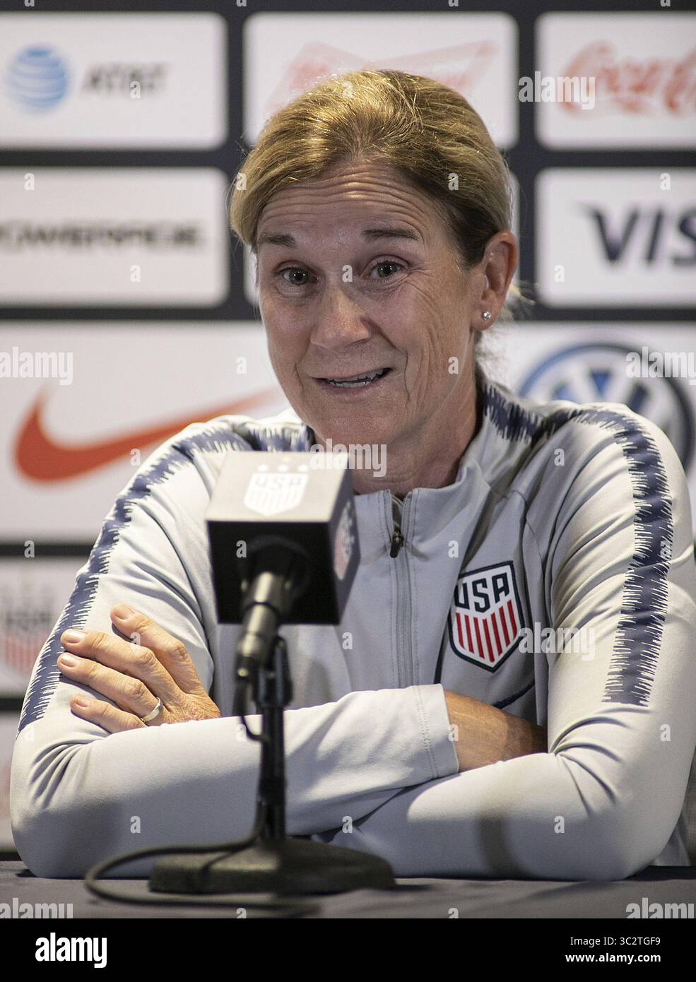 2 août 2019, Pasadena, Californie, États-Unis d'Amérique : L'entraîneuse-chef, Jill Ellis de l'équipe nationale féminine des États-Unis lors d'une conférence de presse avant leur entraînement le vendredi 2 août 2019 avant leur match du Victory Tour avec l'équipe nationale d'Irlande qui aura lieu le samedi 3 août 2019 au Rose Bowl Stadium de Pasadena, Californie. JAVIER ROJAS/PI (crédit image : © Prensa Internacional via ZUMA Wire) Banque D'Images